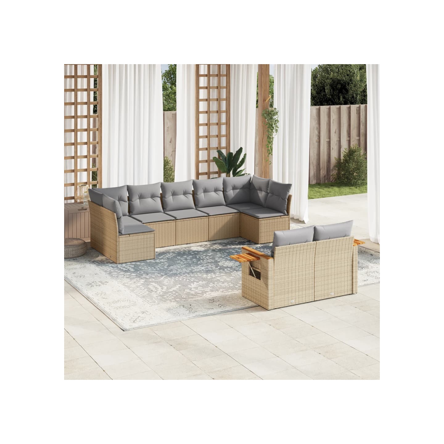 Salon de jardin avec coussins 9 pcs beige résine tressée