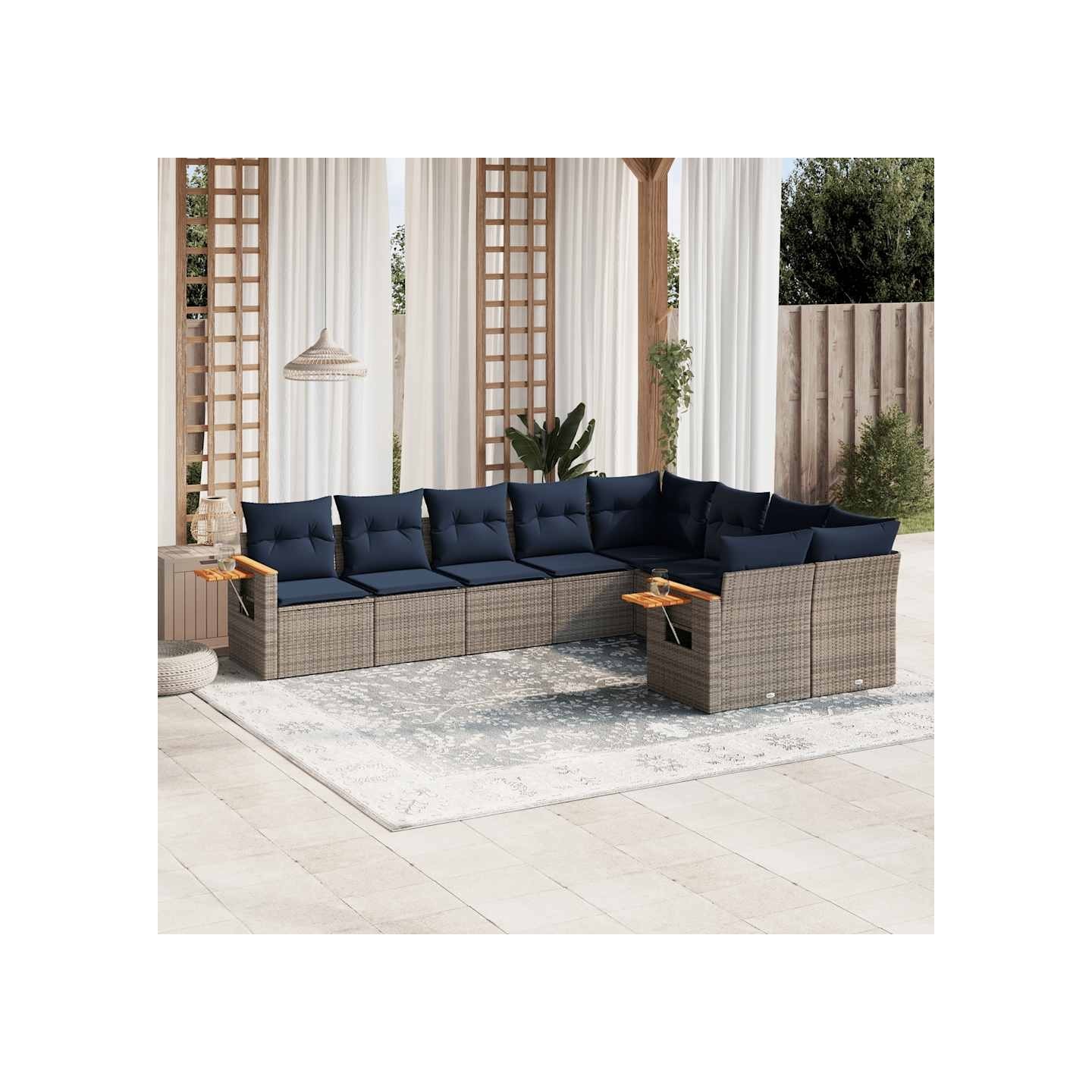 Salon de jardin 9 pcs avec coussins gris résine tressée