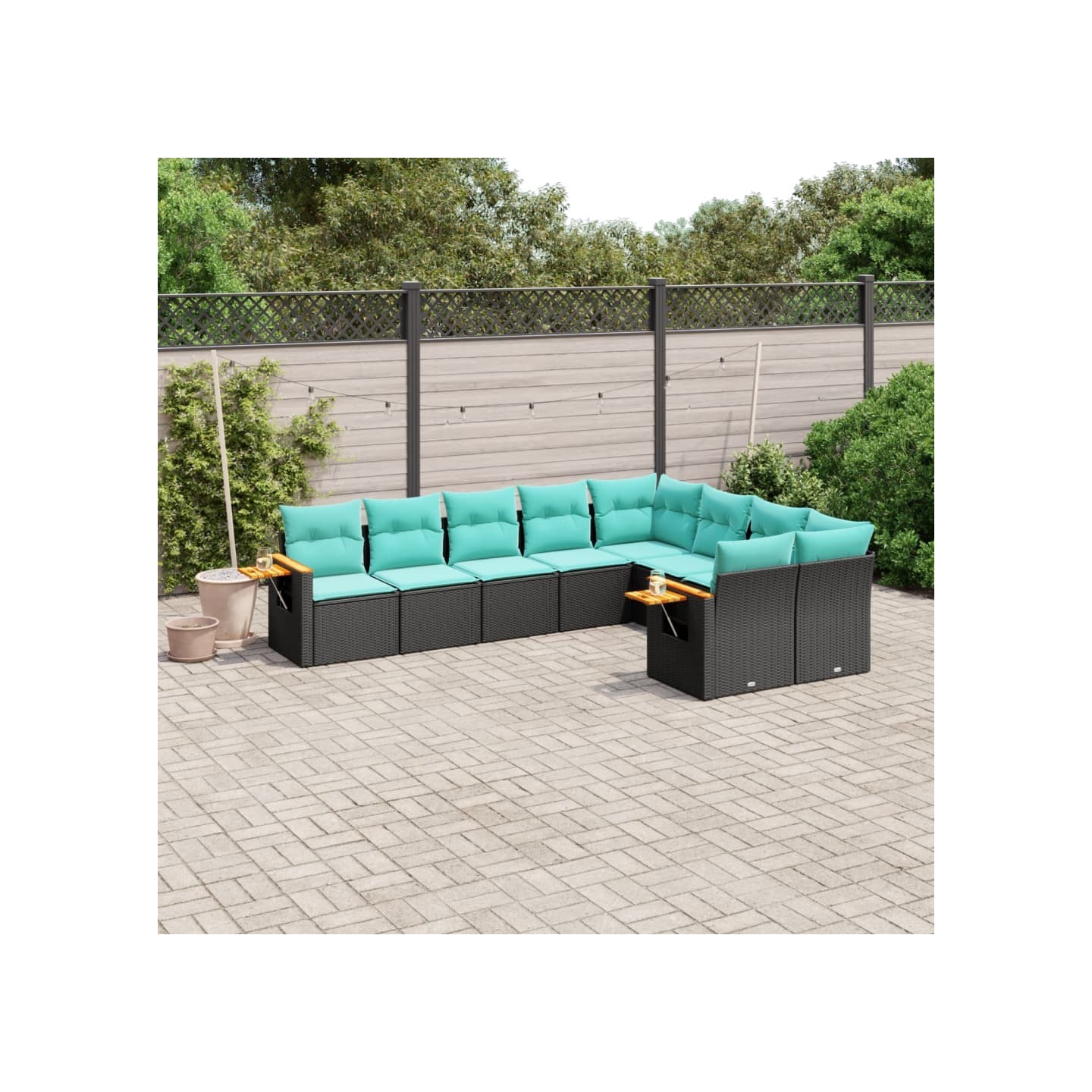 Salon de jardin 9 pcs avec coussins noir résine tressée