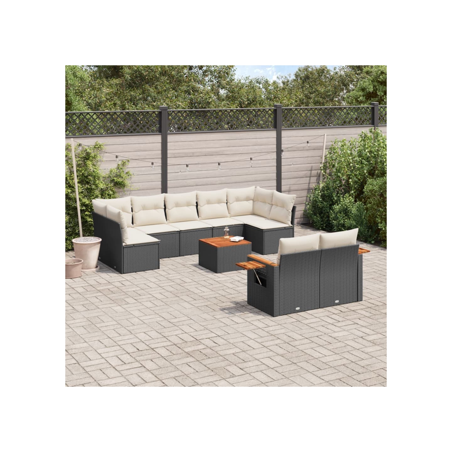 Salon de jardin 10 pcs avec coussins noir résine tressée