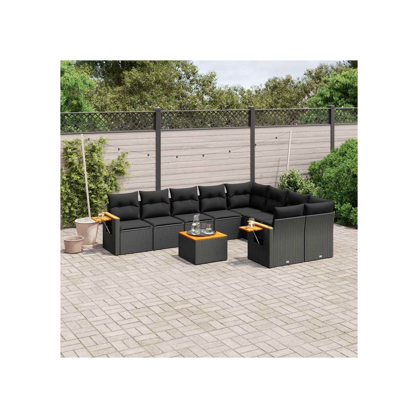 Salon de jardin 10 pcs avec coussins noir résine tressée