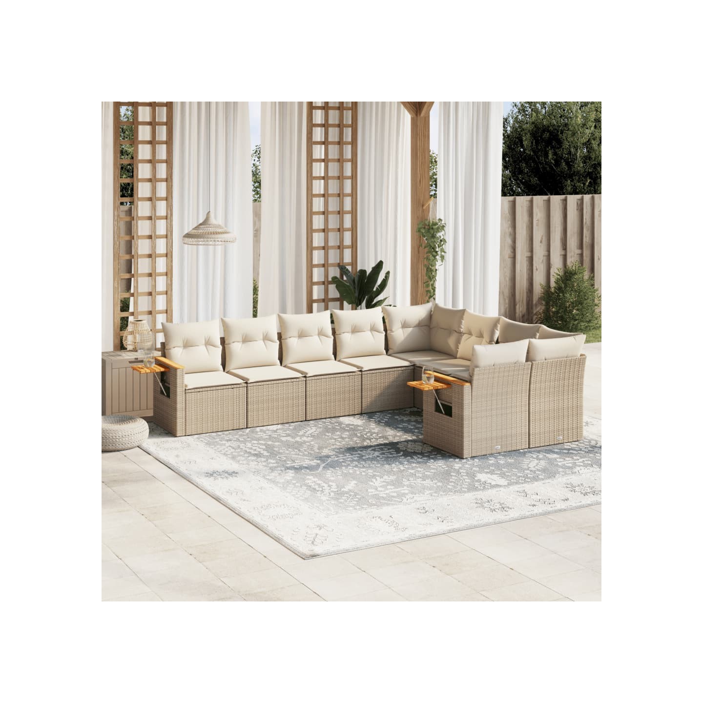 Salon de jardin avec coussins 9 pcs beige résine tressée
