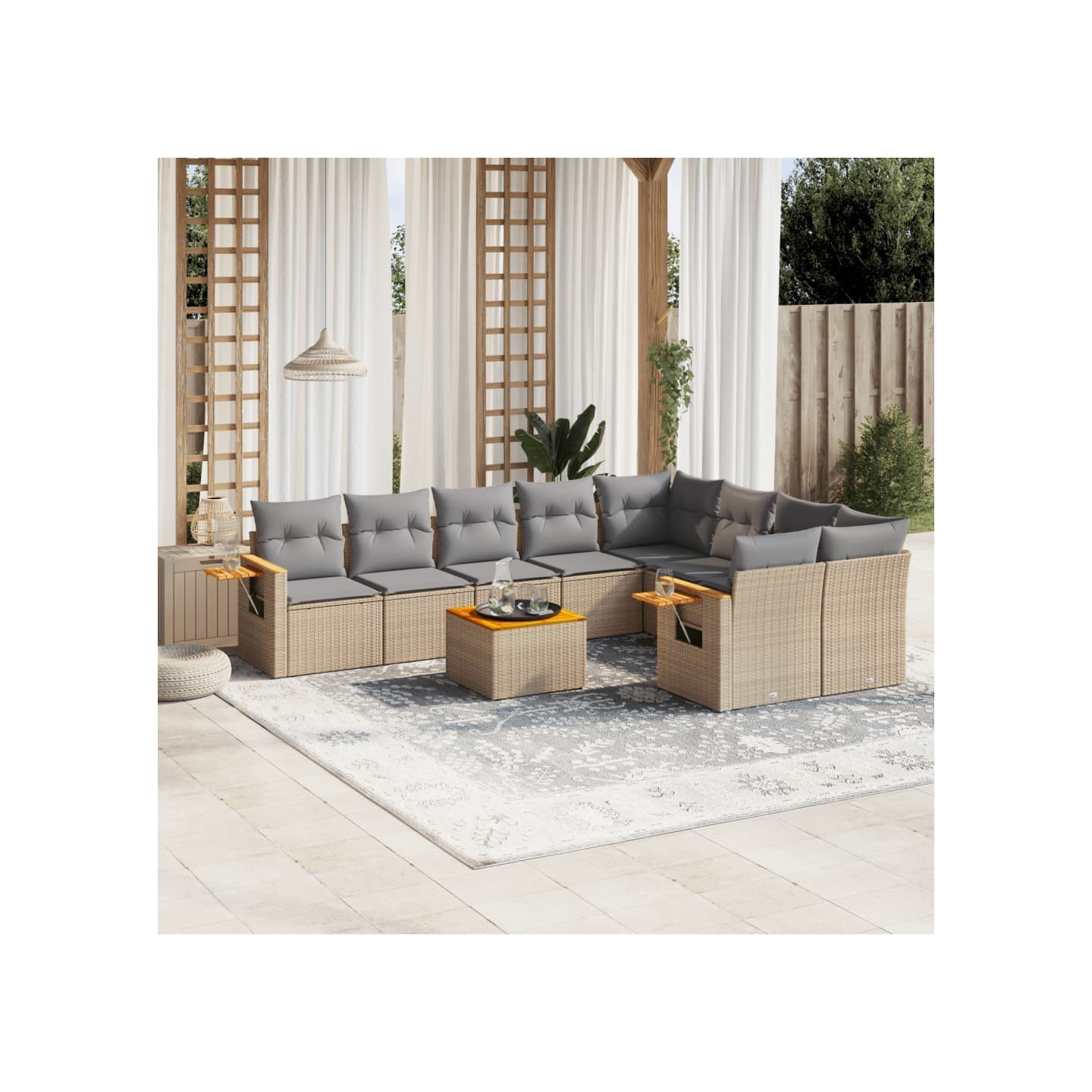 Salon de jardin avec coussins 10 pcs beige résine tressée