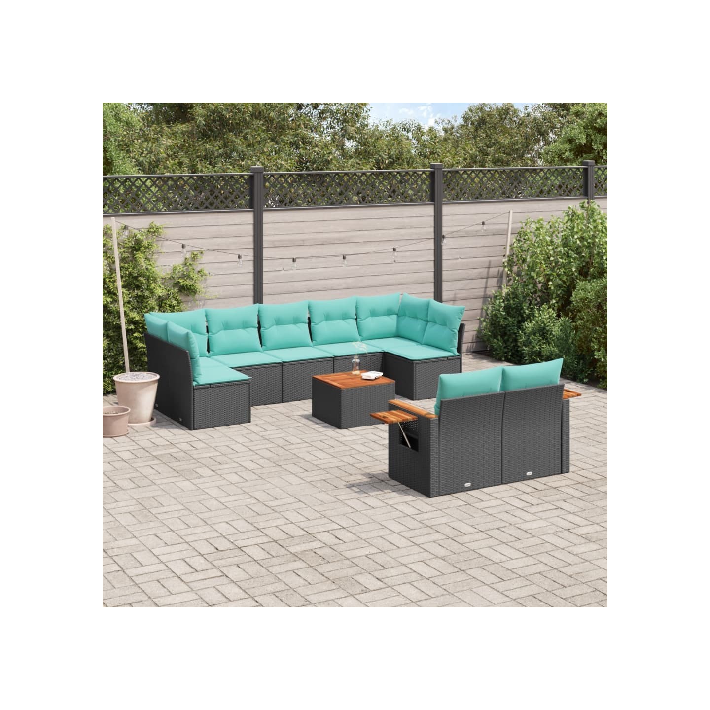 Salon de jardin 10 pcs avec coussins noir résine tressée