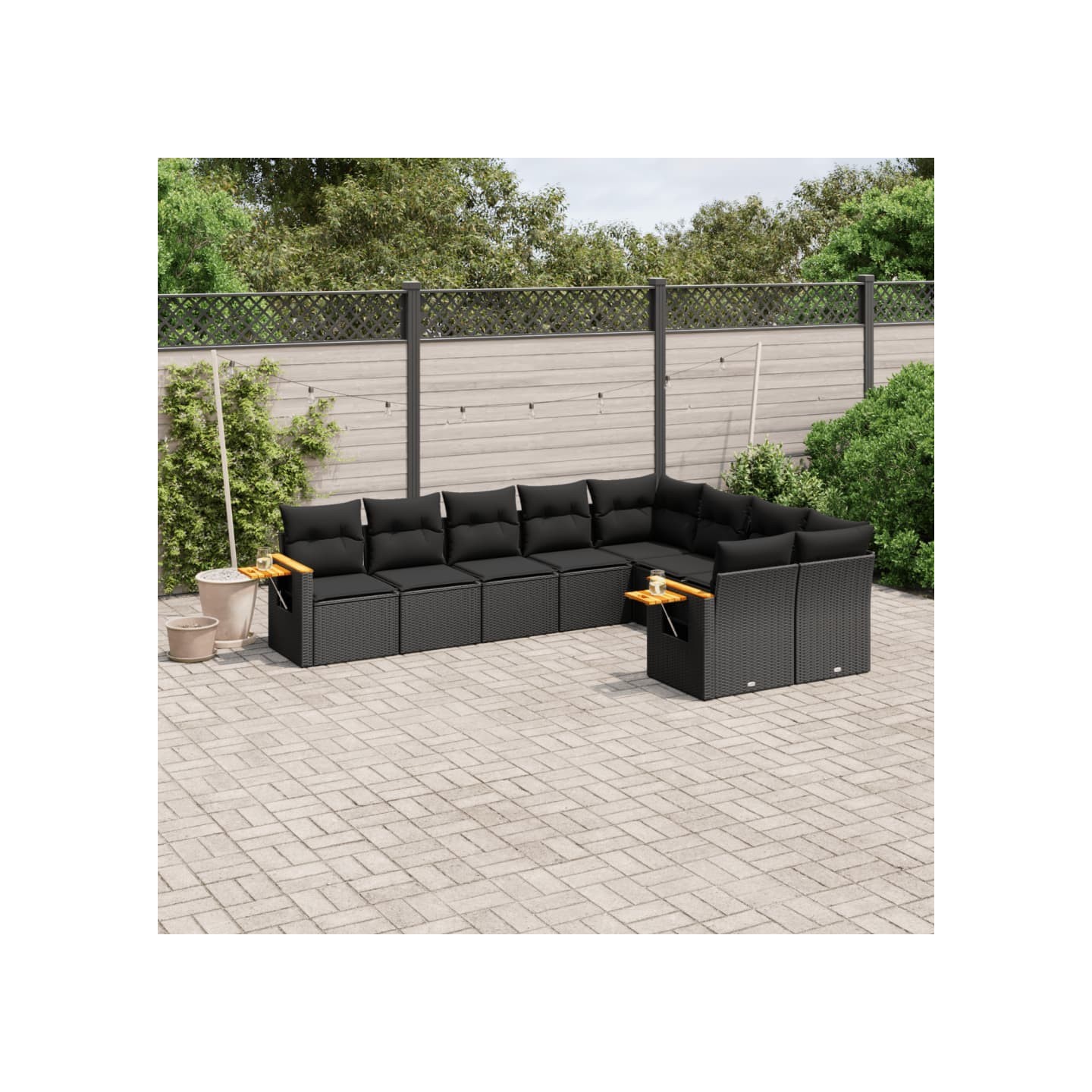 Salon de jardin 9 pcs avec coussins noir résine tressée