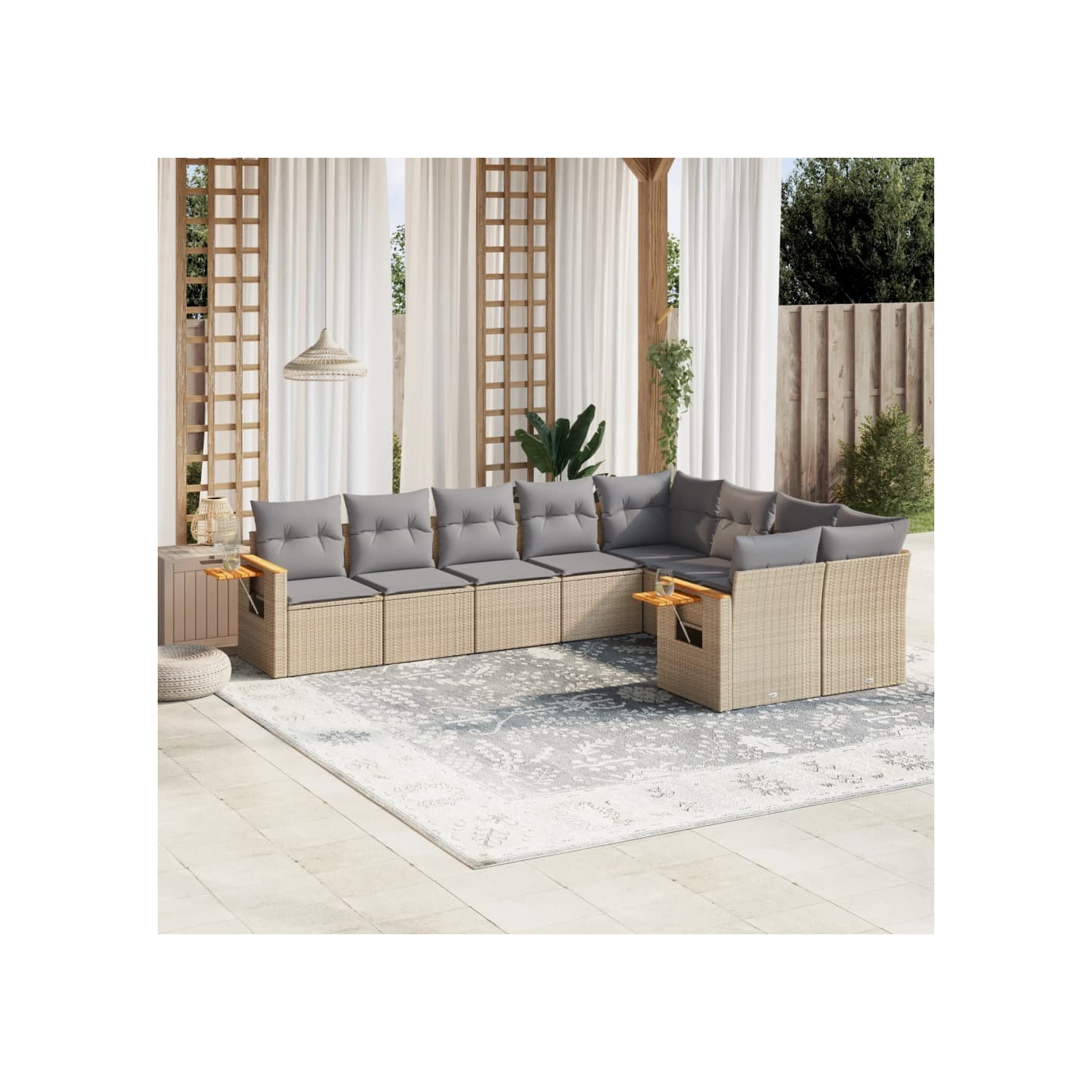 Salon de jardin avec coussins 9 pcs beige résine tressée