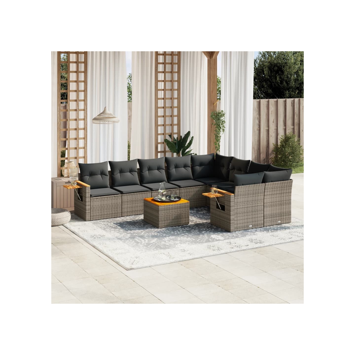 Salon de jardin avec coussins 10 pcs gris résine tressée