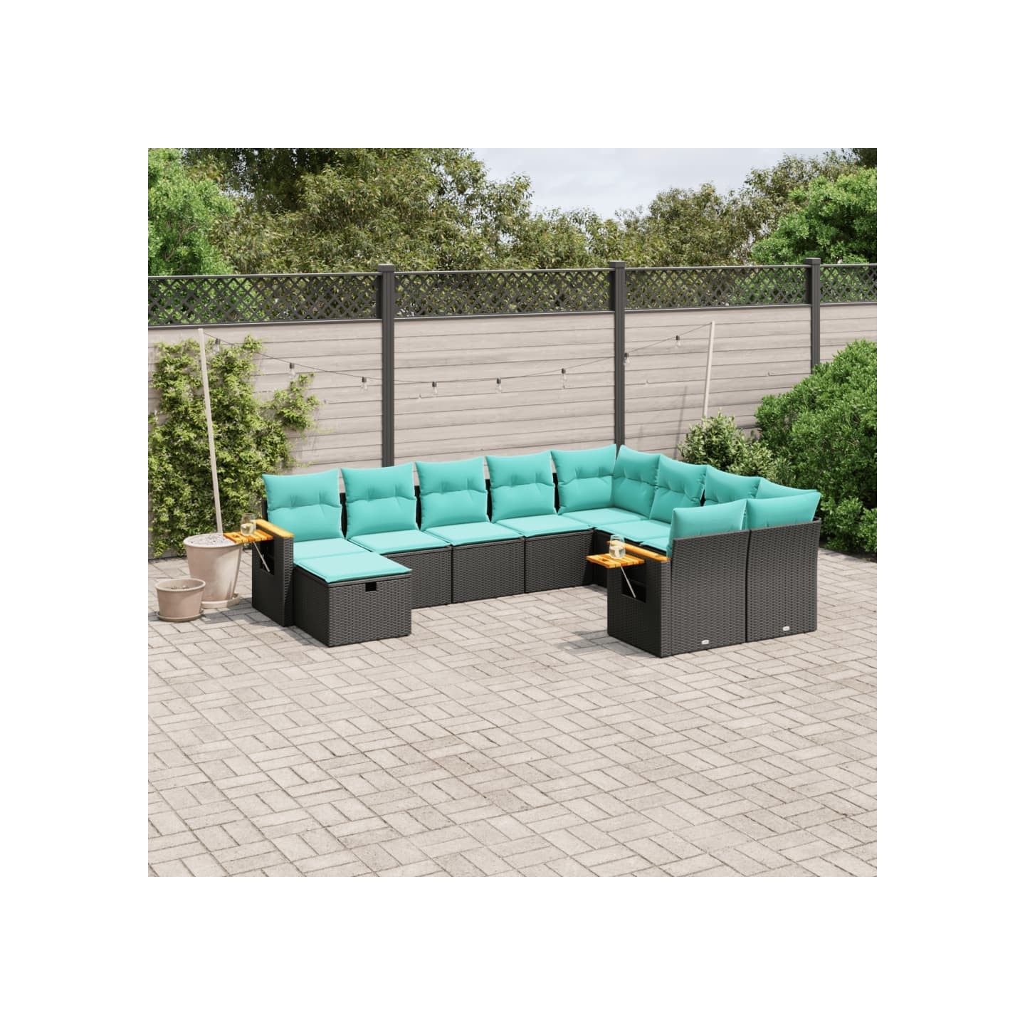 Salon de jardin 10 pcs avec coussins noir résine tressée