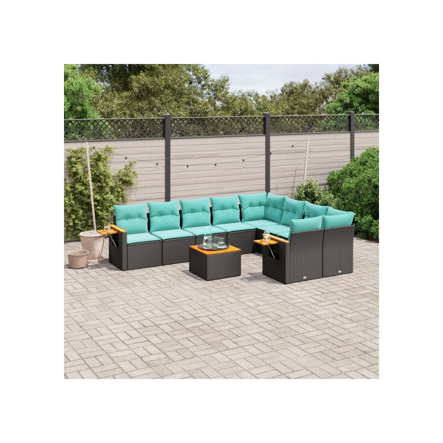 Salon de jardin 10 pcs avec coussins noir résine tressée