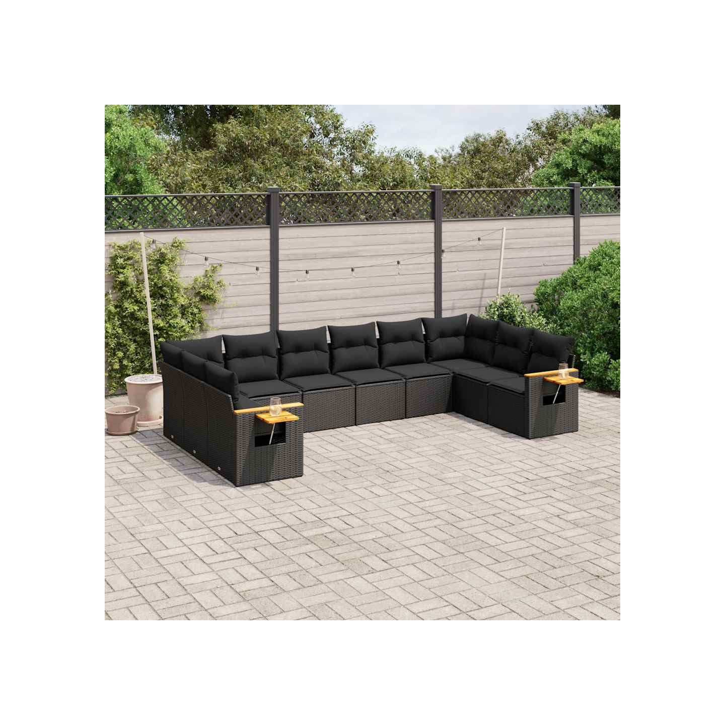 Salon de jardin 10 pcs avec coussins noir résine tressée