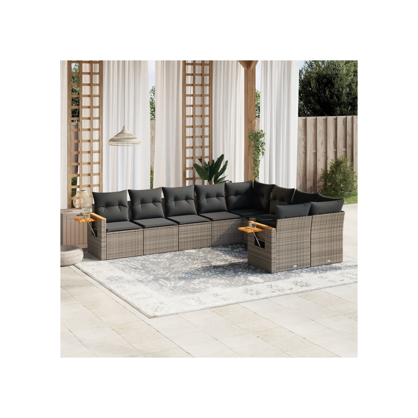 Salon de jardin 9 pcs avec coussins gris résine tressée