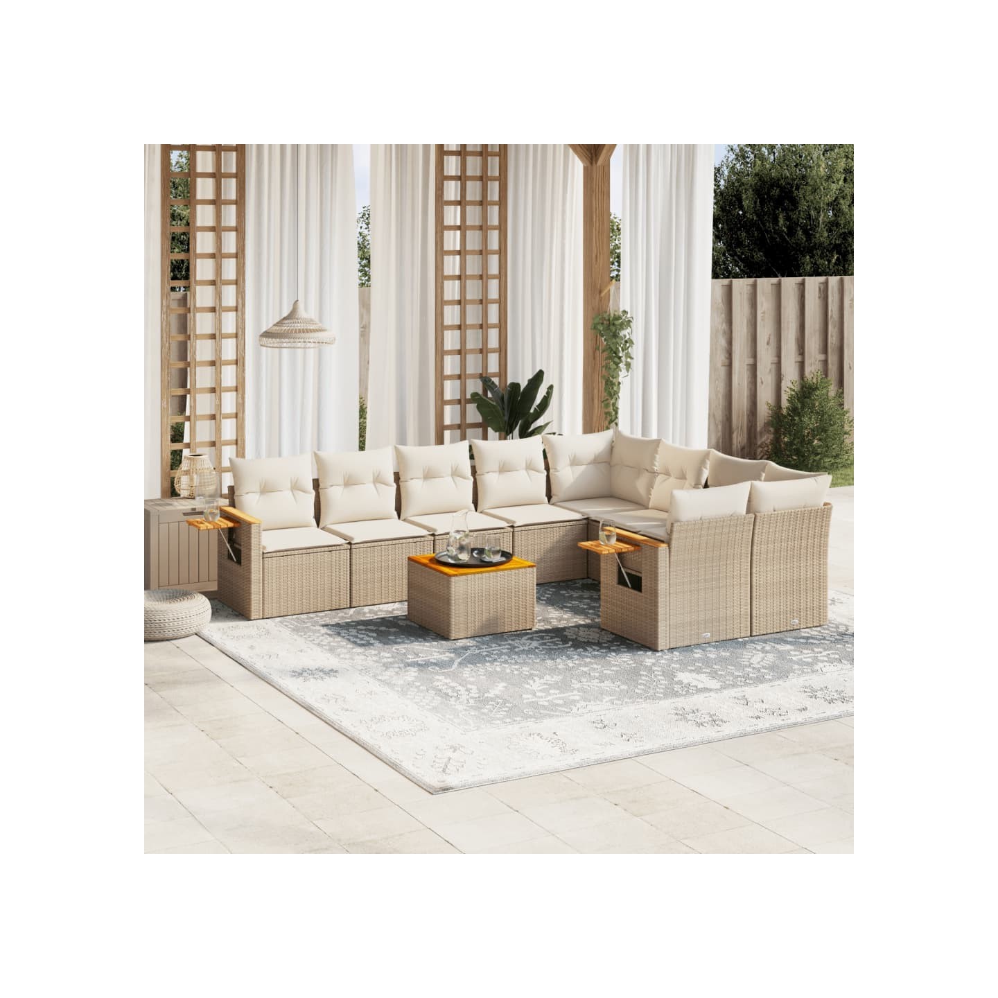 Salon de jardin avec coussins 10 pcs beige résine tressée
