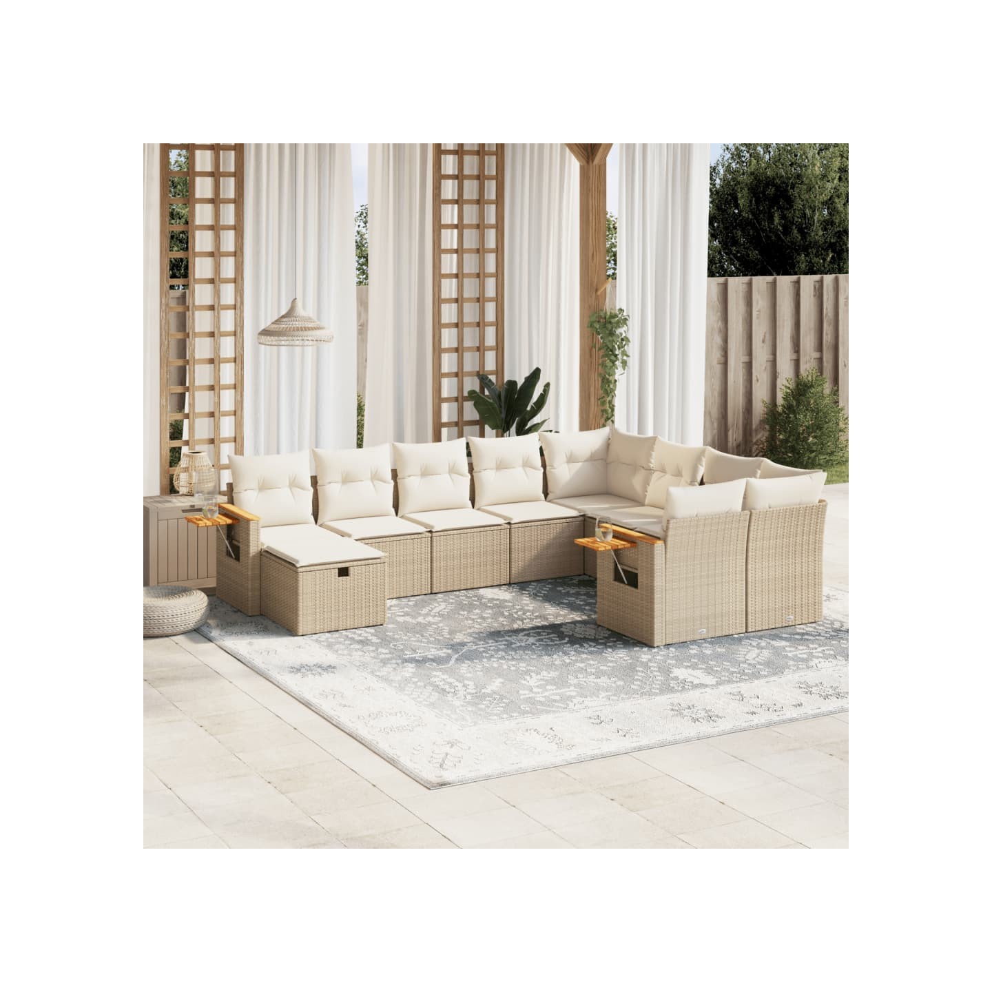 Salon de jardin avec coussins 10 pcs beige résine tressée