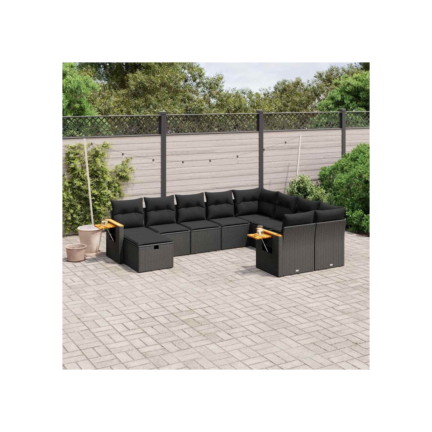Salon de jardin 10 pcs avec coussins noir résine tressée