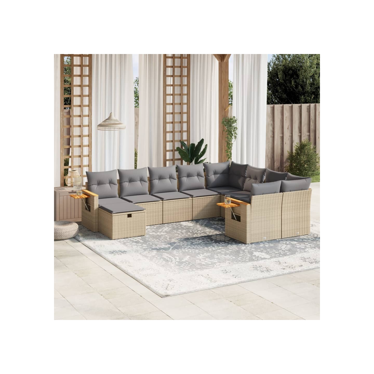 Salon de jardin avec coussins 10 pcs beige résine tressée