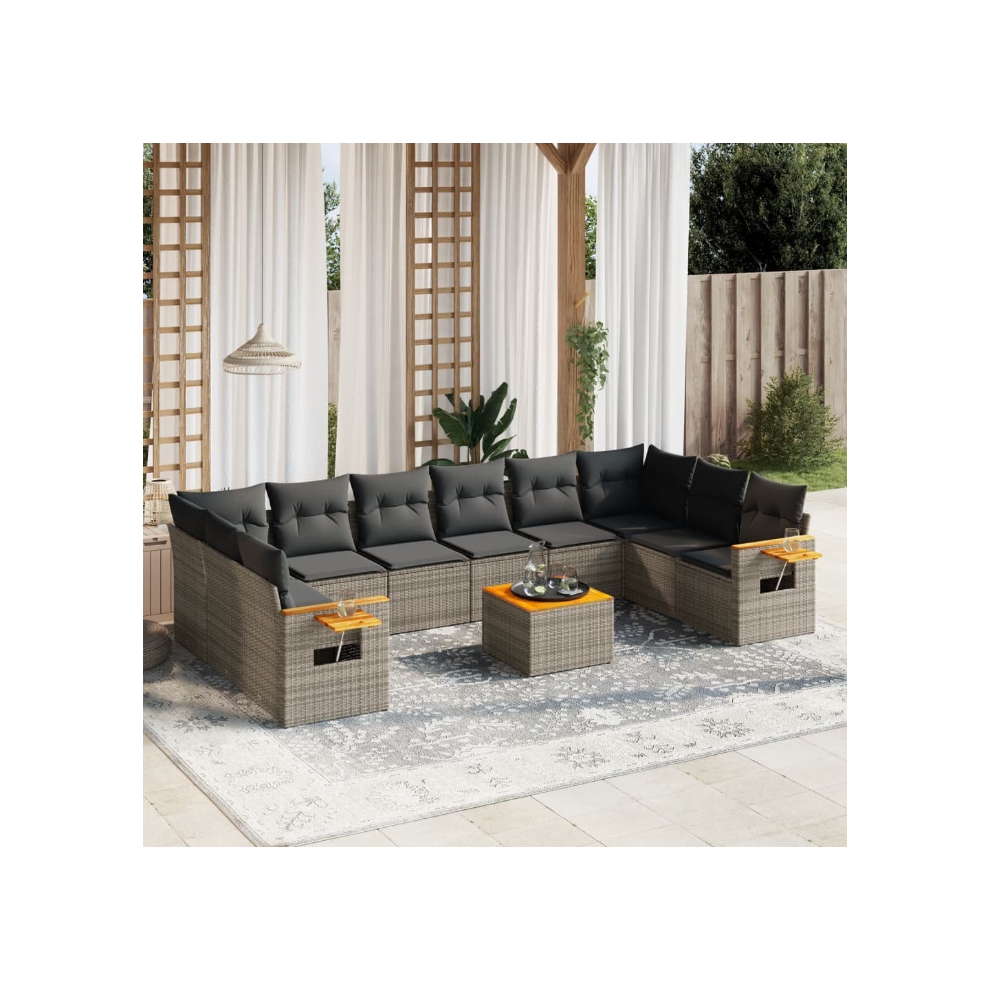 Salon de jardin 11 pcs avec coussins gris résine tressée