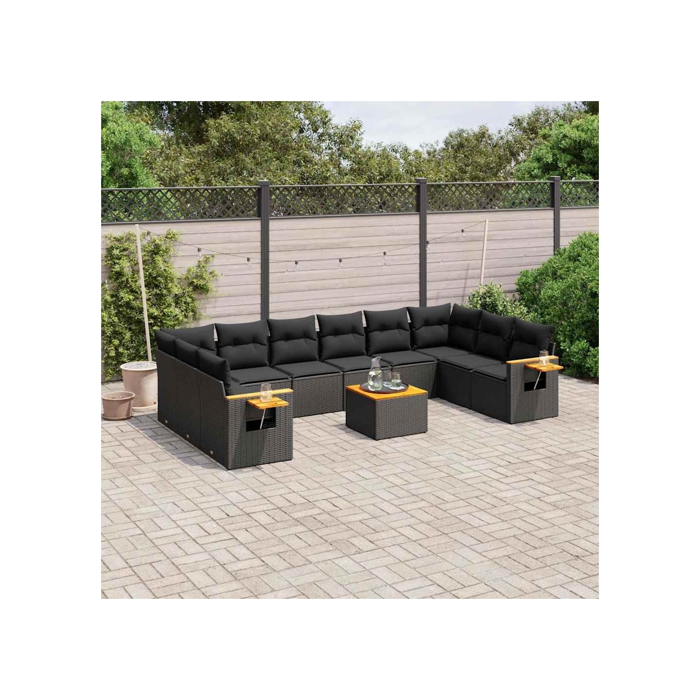 Salon de jardin 11 pcs avec coussins noir résine tressée