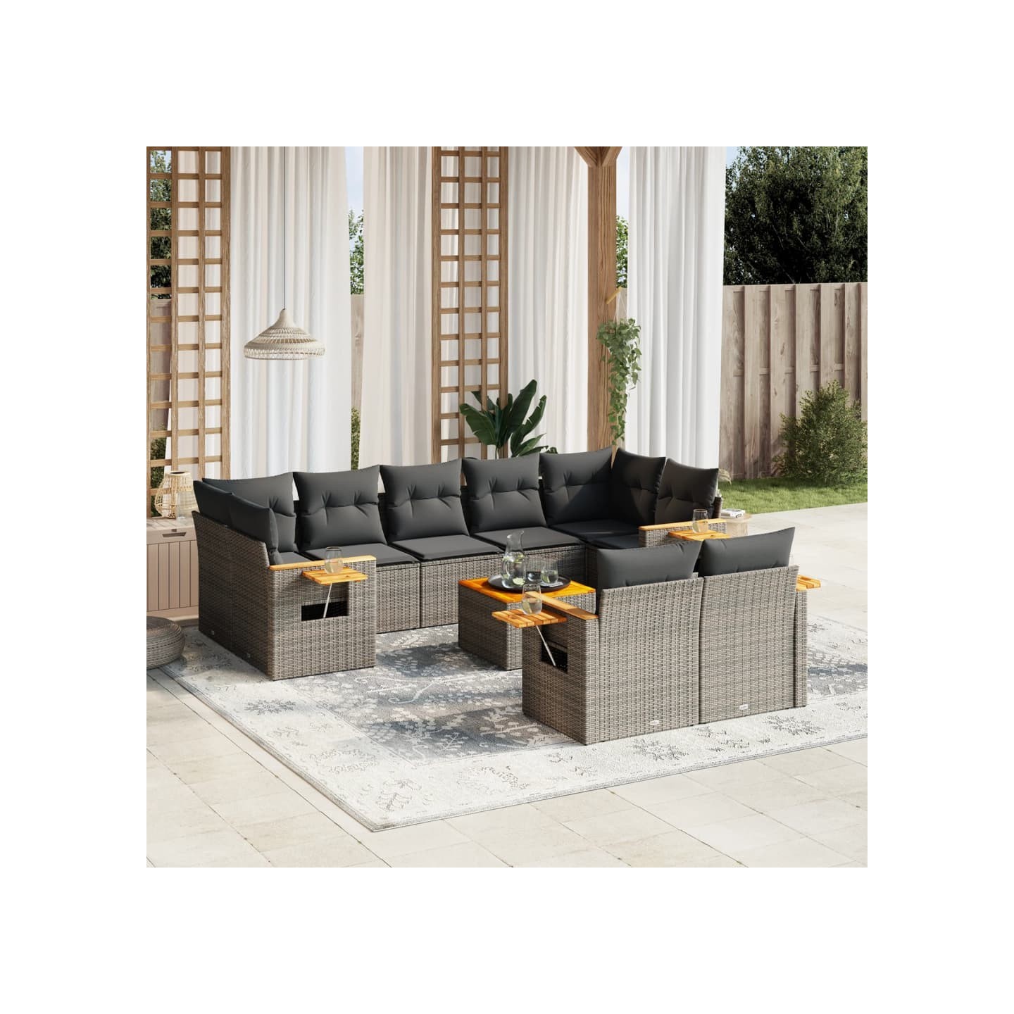 Salon de jardin avec coussins 10 pcs gris résine tressée
