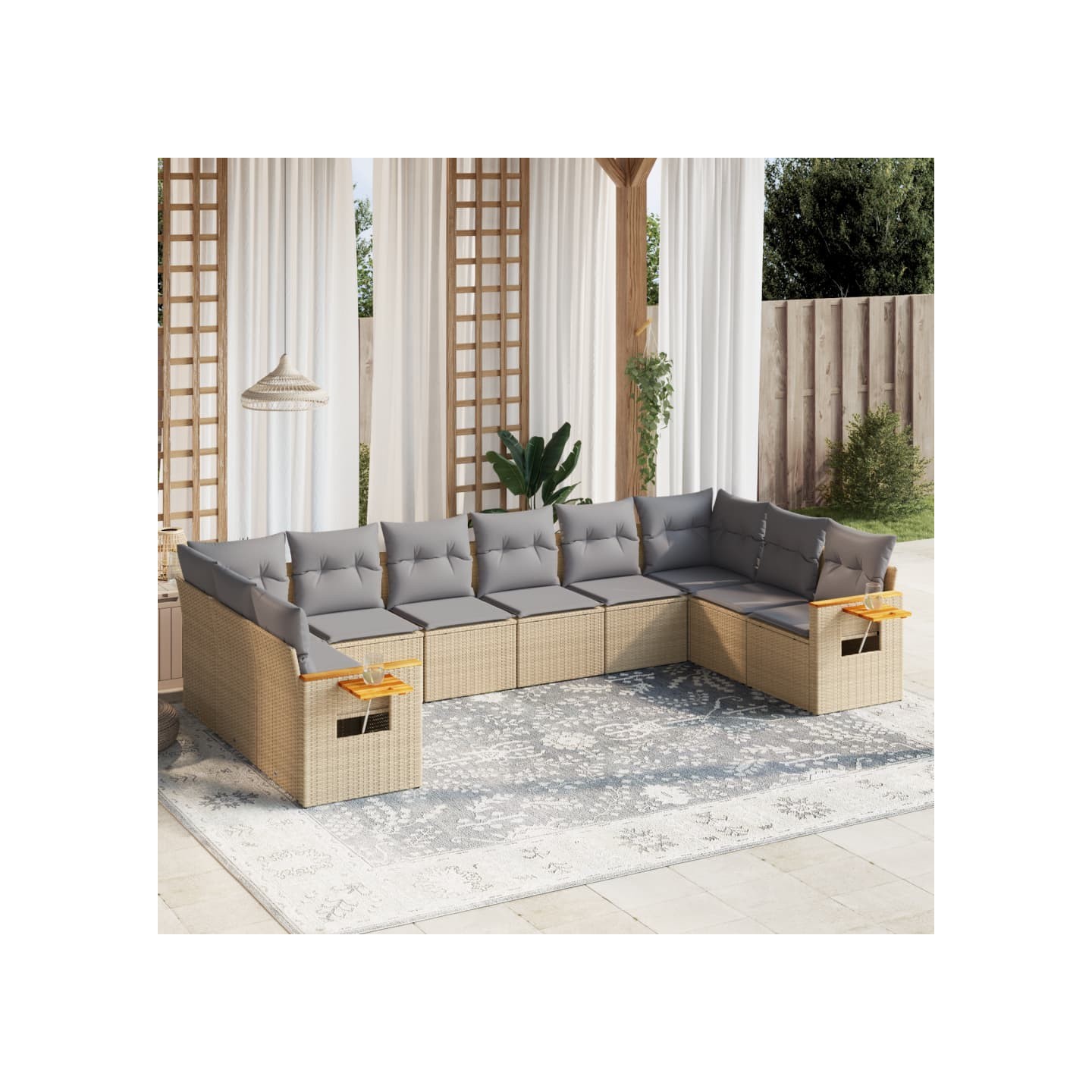 Salon de jardin avec coussins 10 pcs beige résine tressée