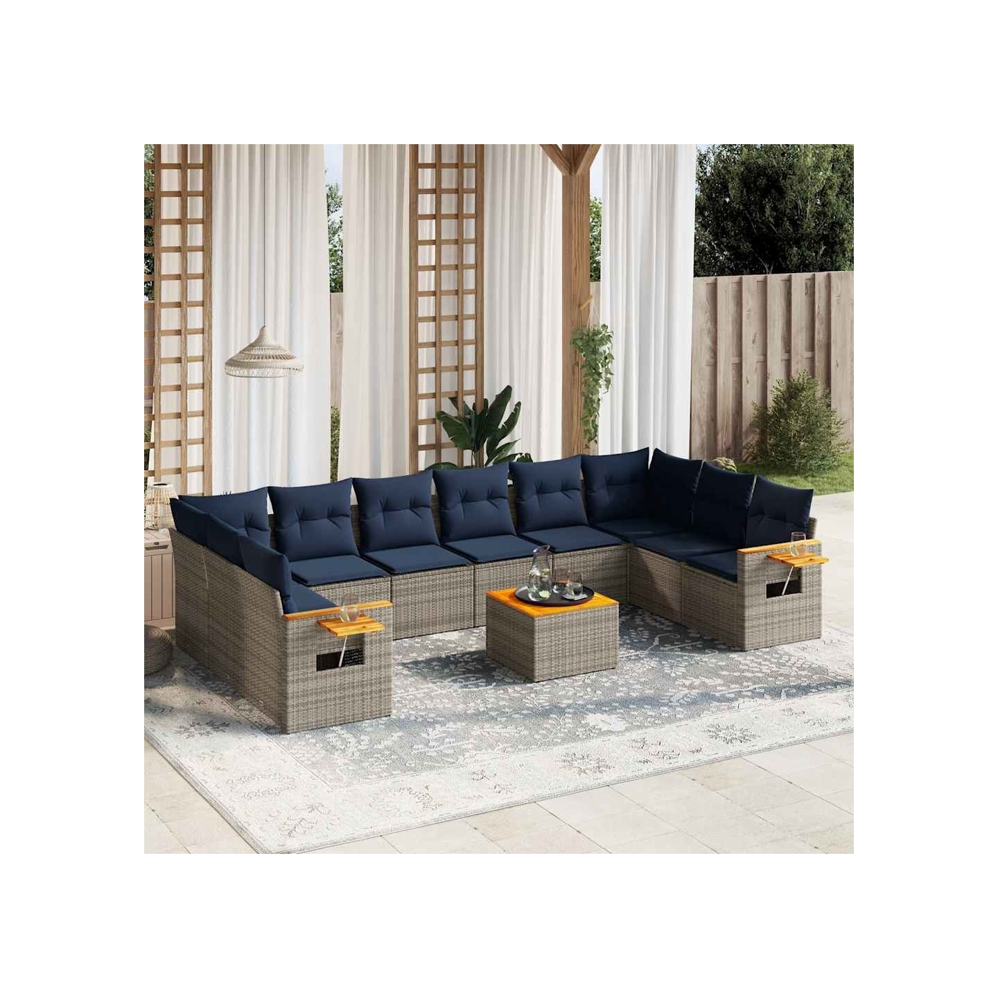 Salon de jardin 11 pcs avec coussins gris résine tressée