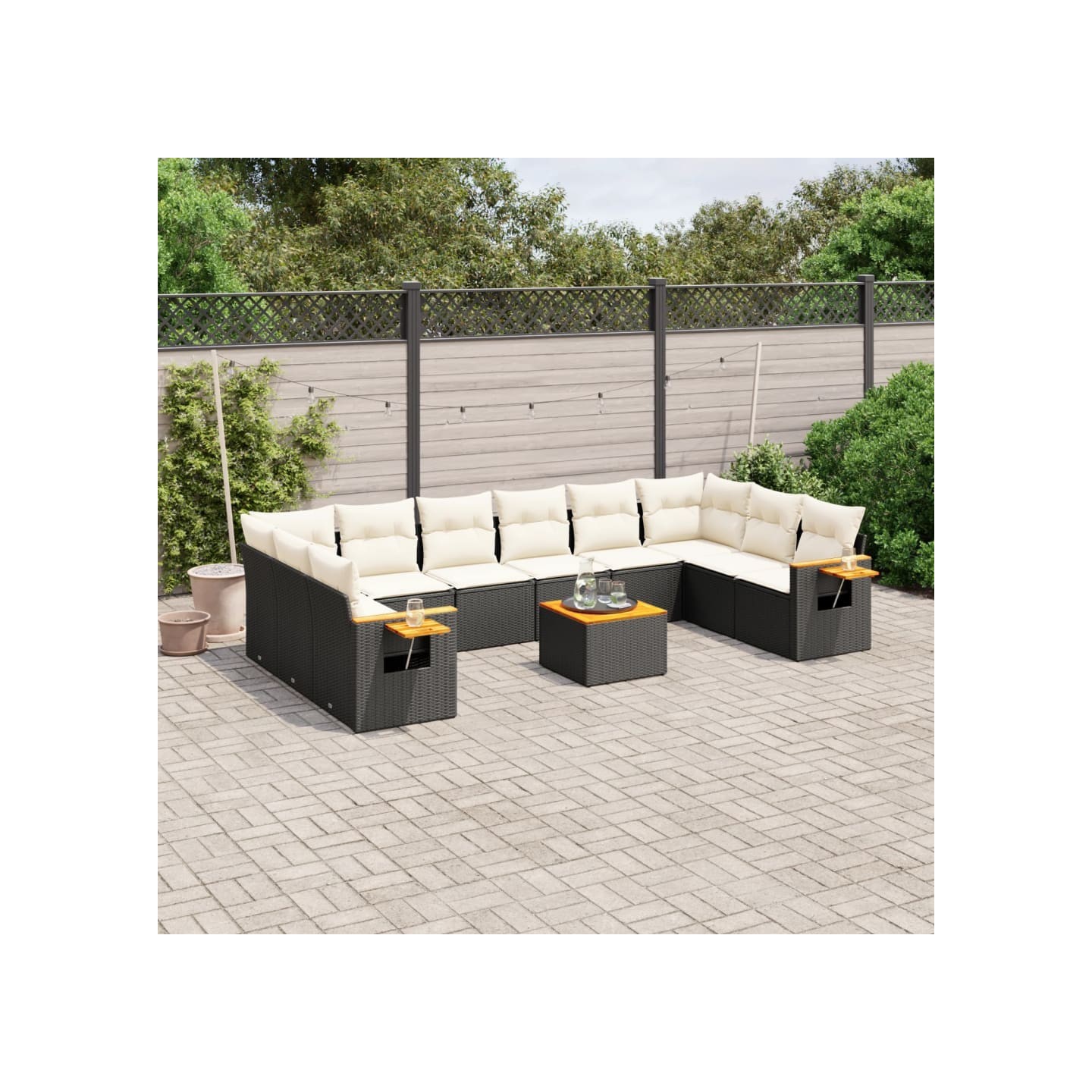 Salon de jardin 11 pcs avec coussins noir résine tressée