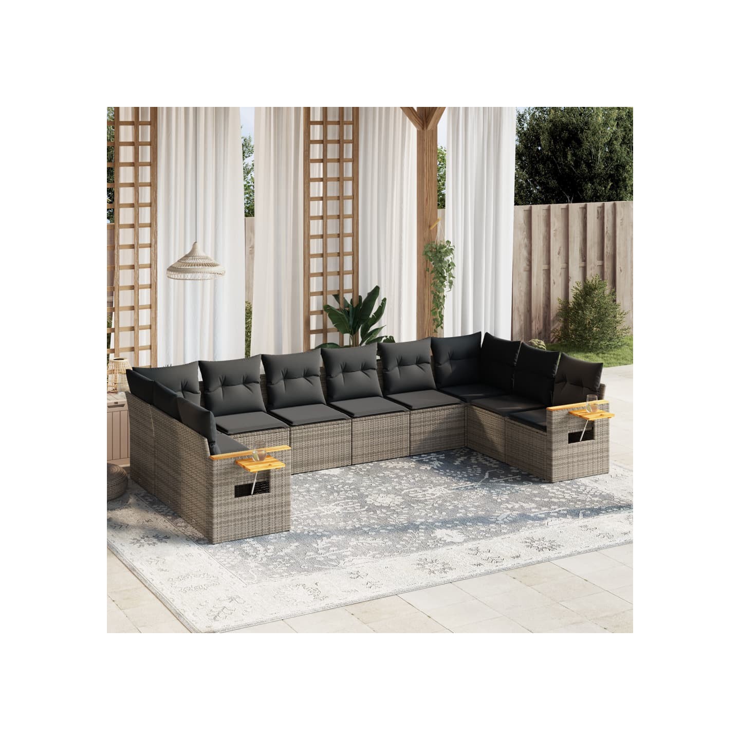 Salon de jardin avec coussins 10 pcs gris résine tressée