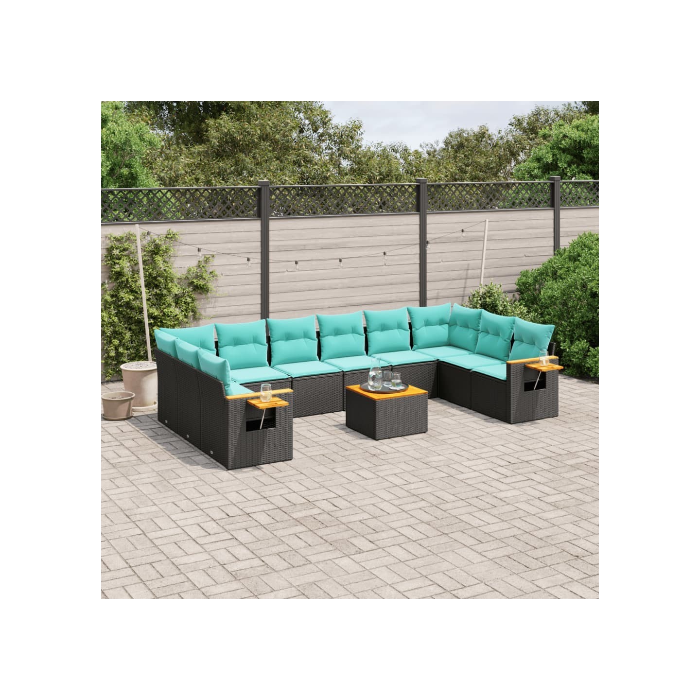 Salon de jardin 11 pcs avec coussins noir résine tressée