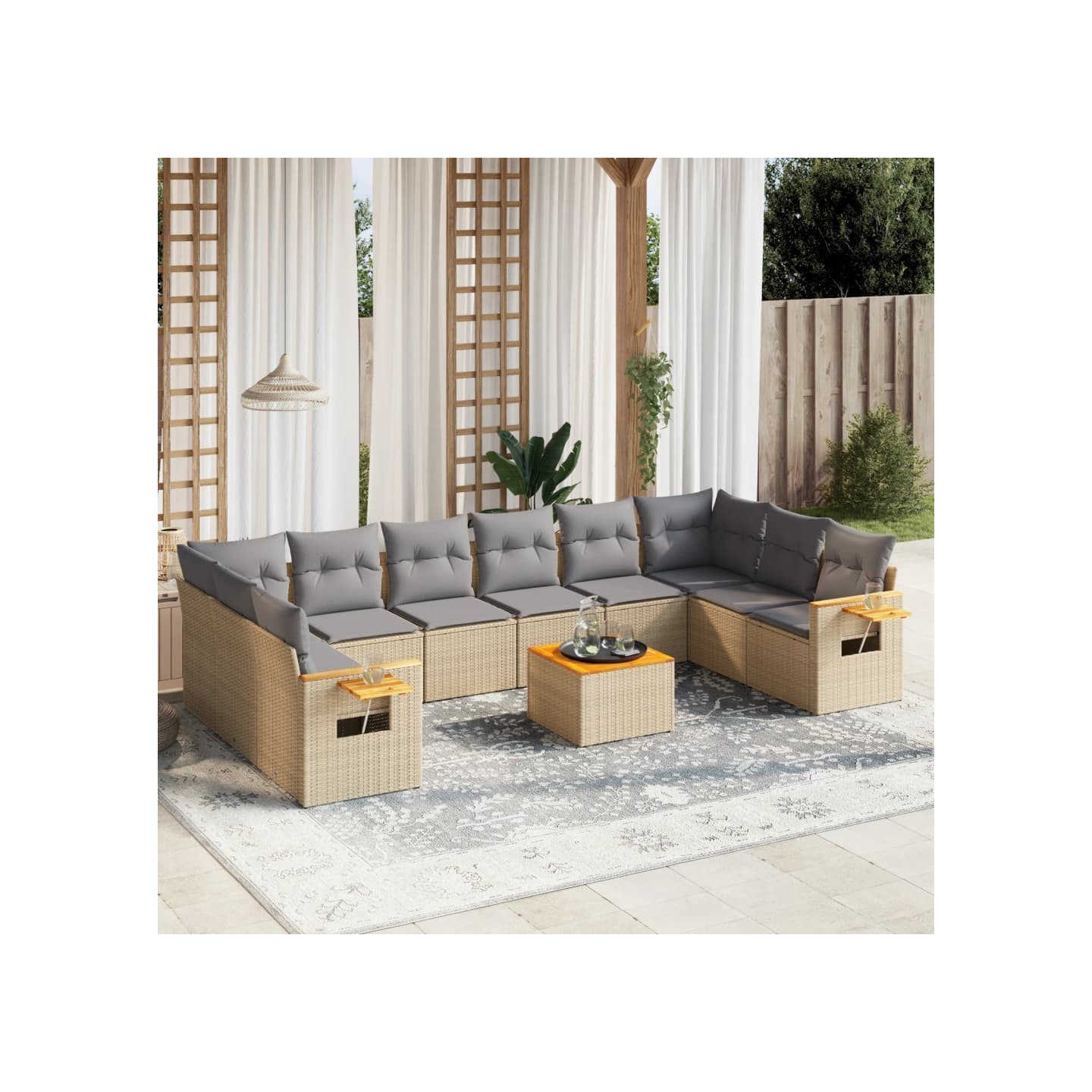Salon de jardin 11 pcs avec coussins beige résine tressée