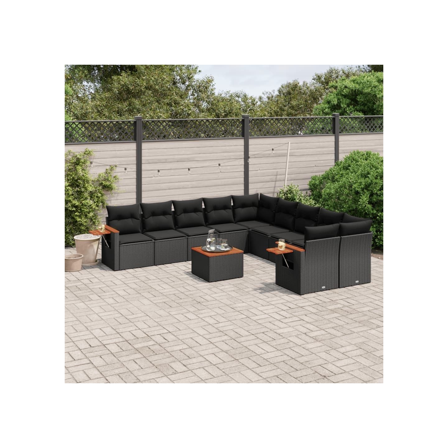 Salon de jardin 11 pcs avec coussins noir résine tressée