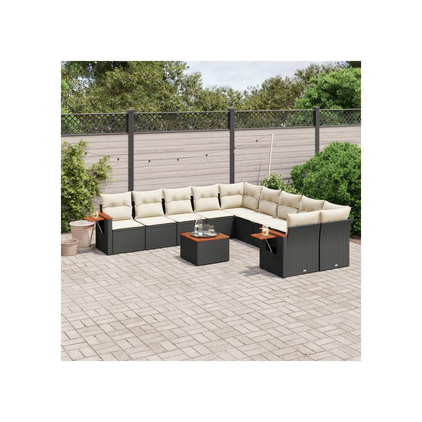 Salon de jardin 11 pcs avec coussins noir résine tressée