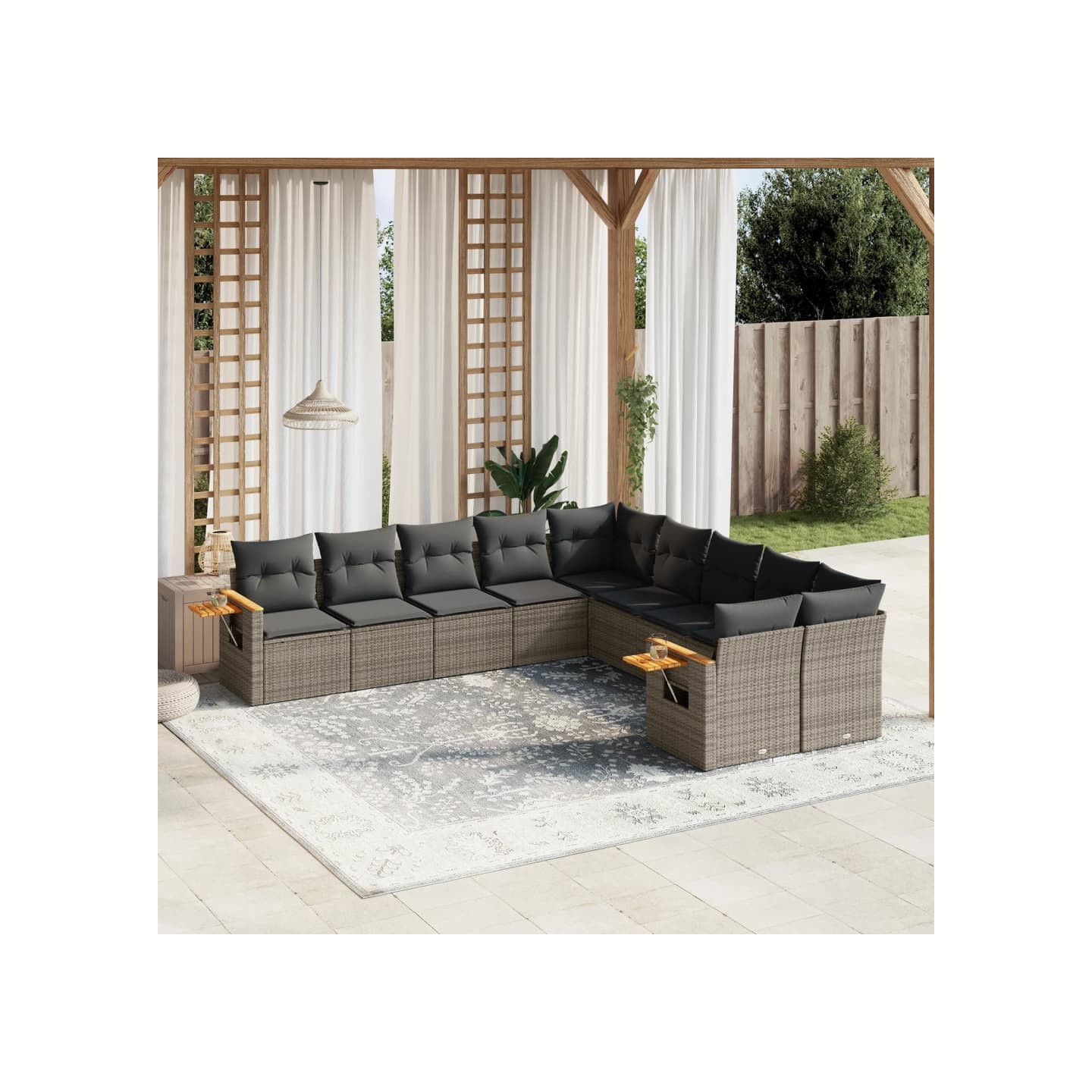 Salon de jardin avec coussins 10 pcs gris résine tressée