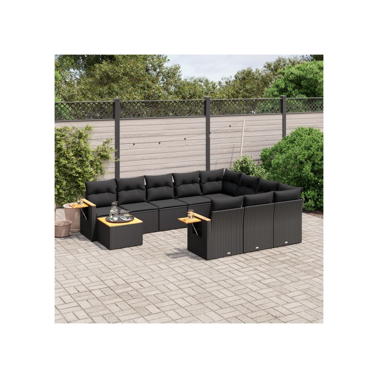 Salon de jardin 11 pcs avec coussins noir résine tressée
