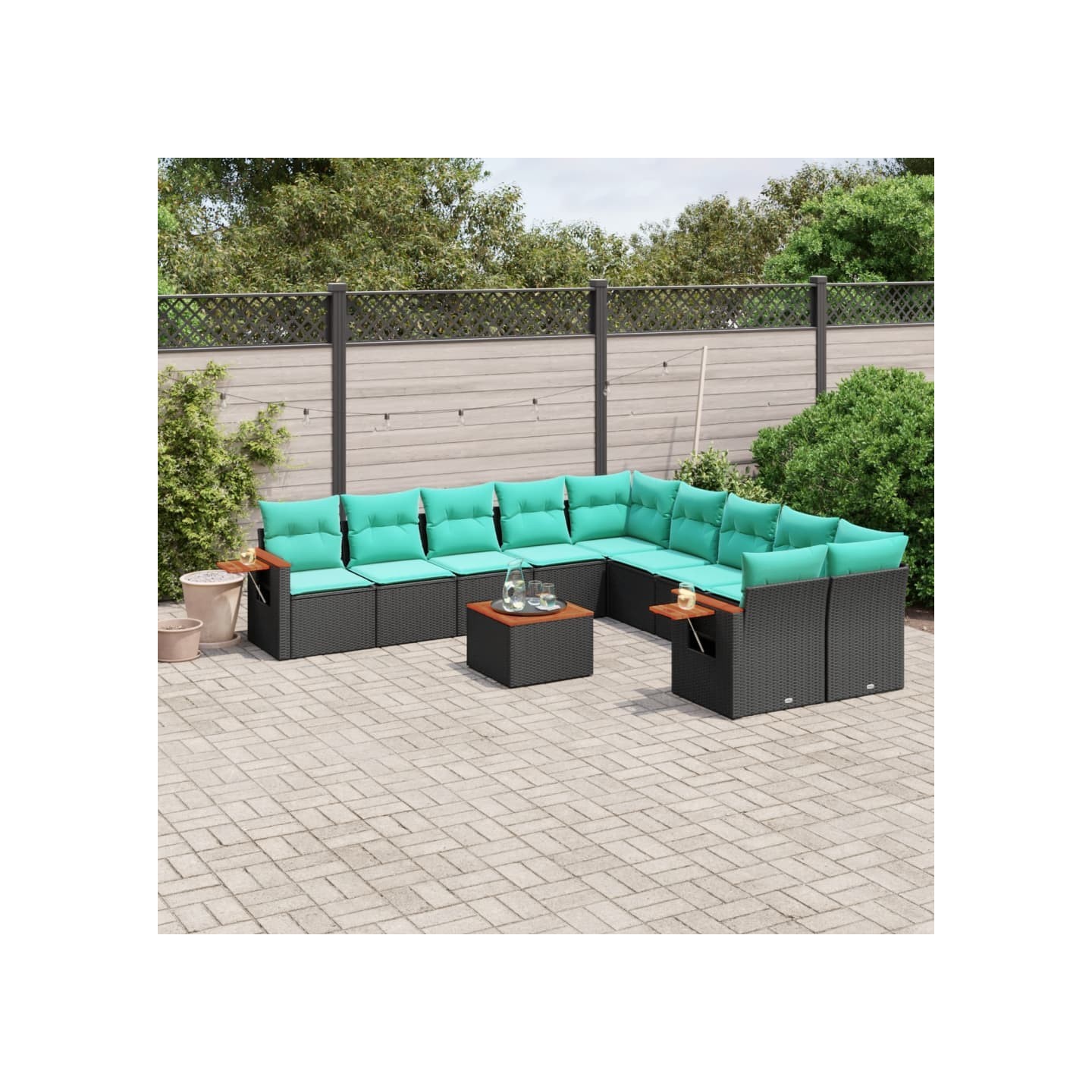 Salon de jardin 11 pcs avec coussins noir résine tressée
