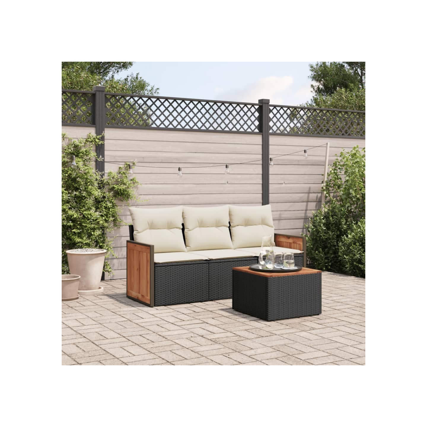 Salon de jardin 4 pcs avec coussins noir résine tressée