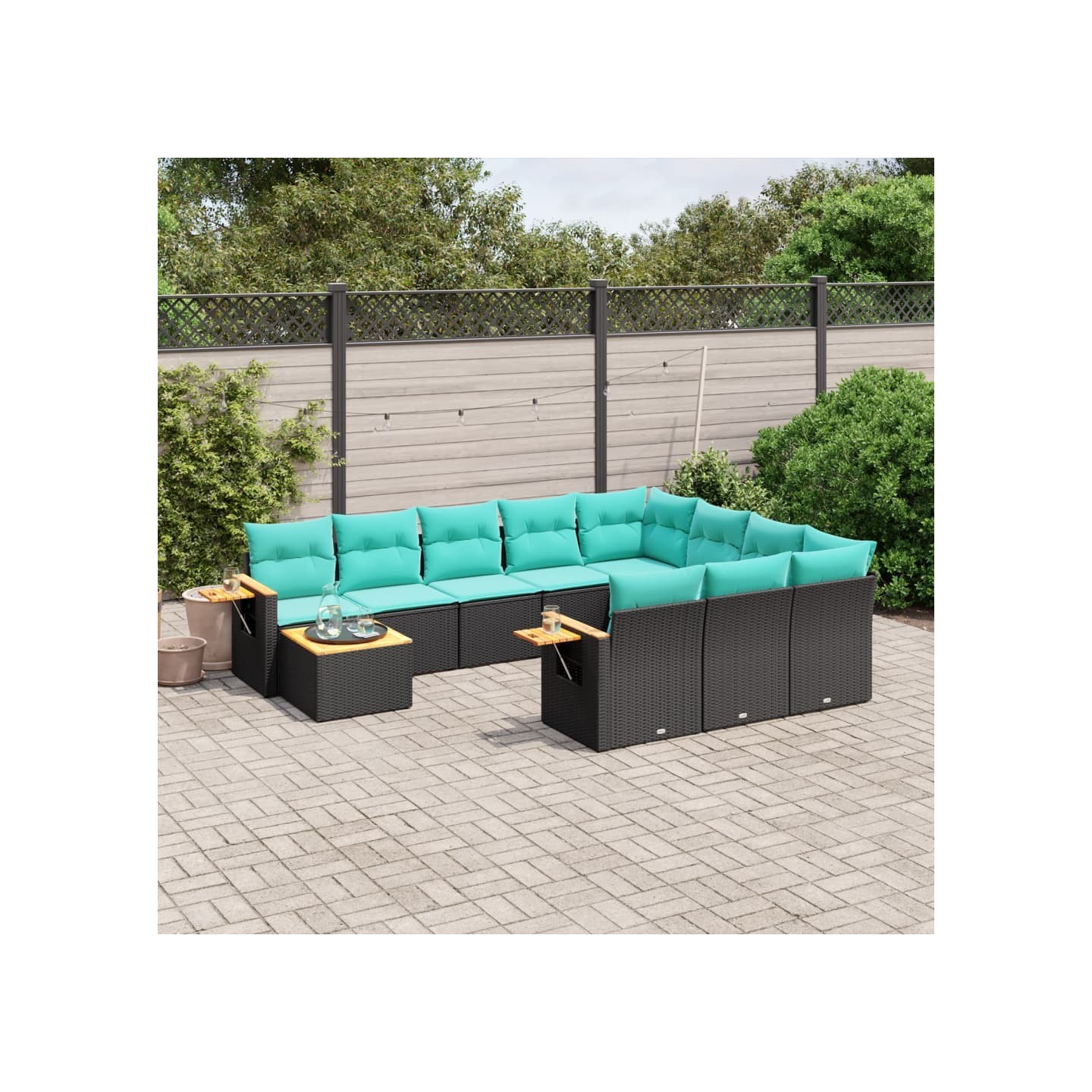 Salon de jardin 11 pcs avec coussins noir résine tressée