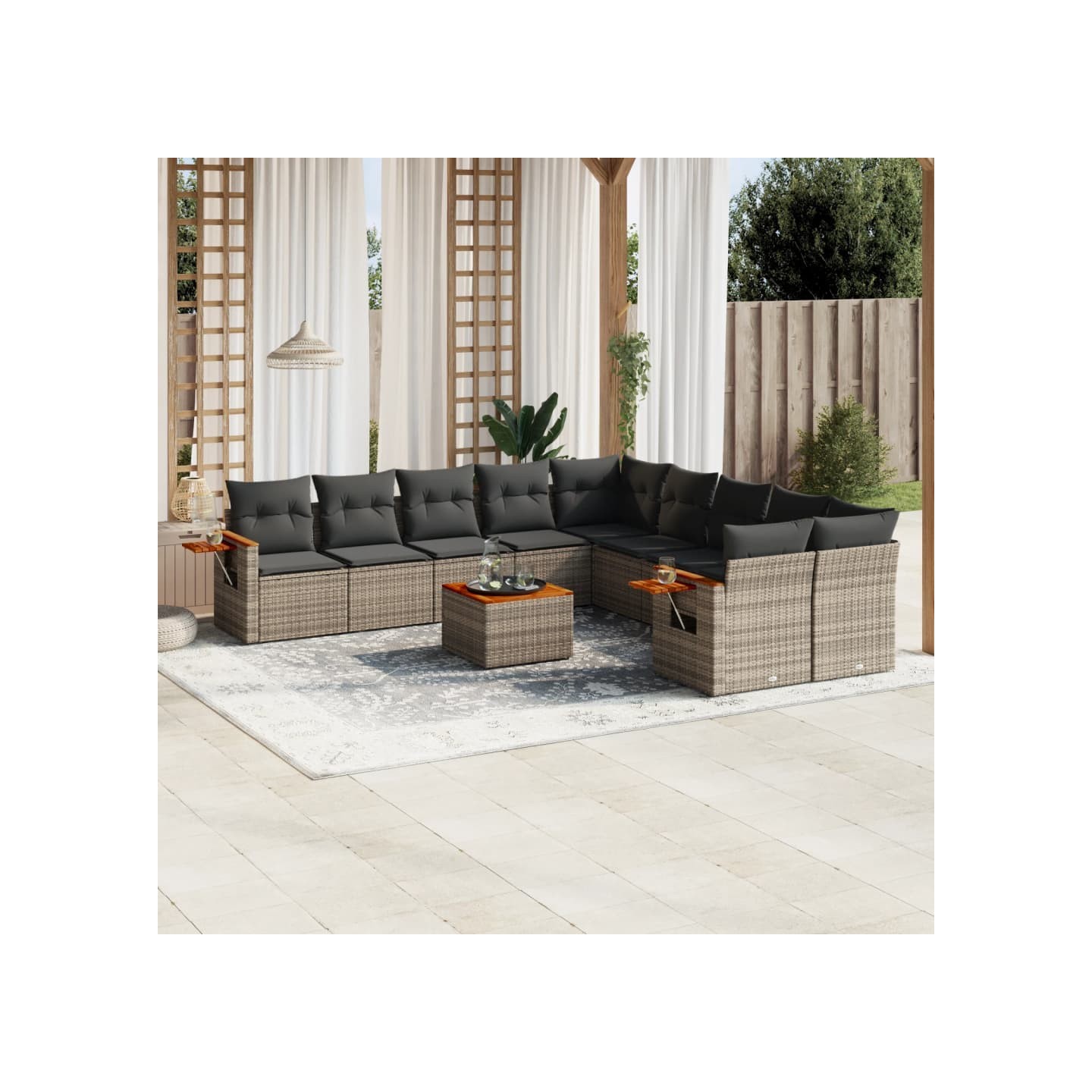 Salon de jardin 11 pcs avec coussins gris résine tressée