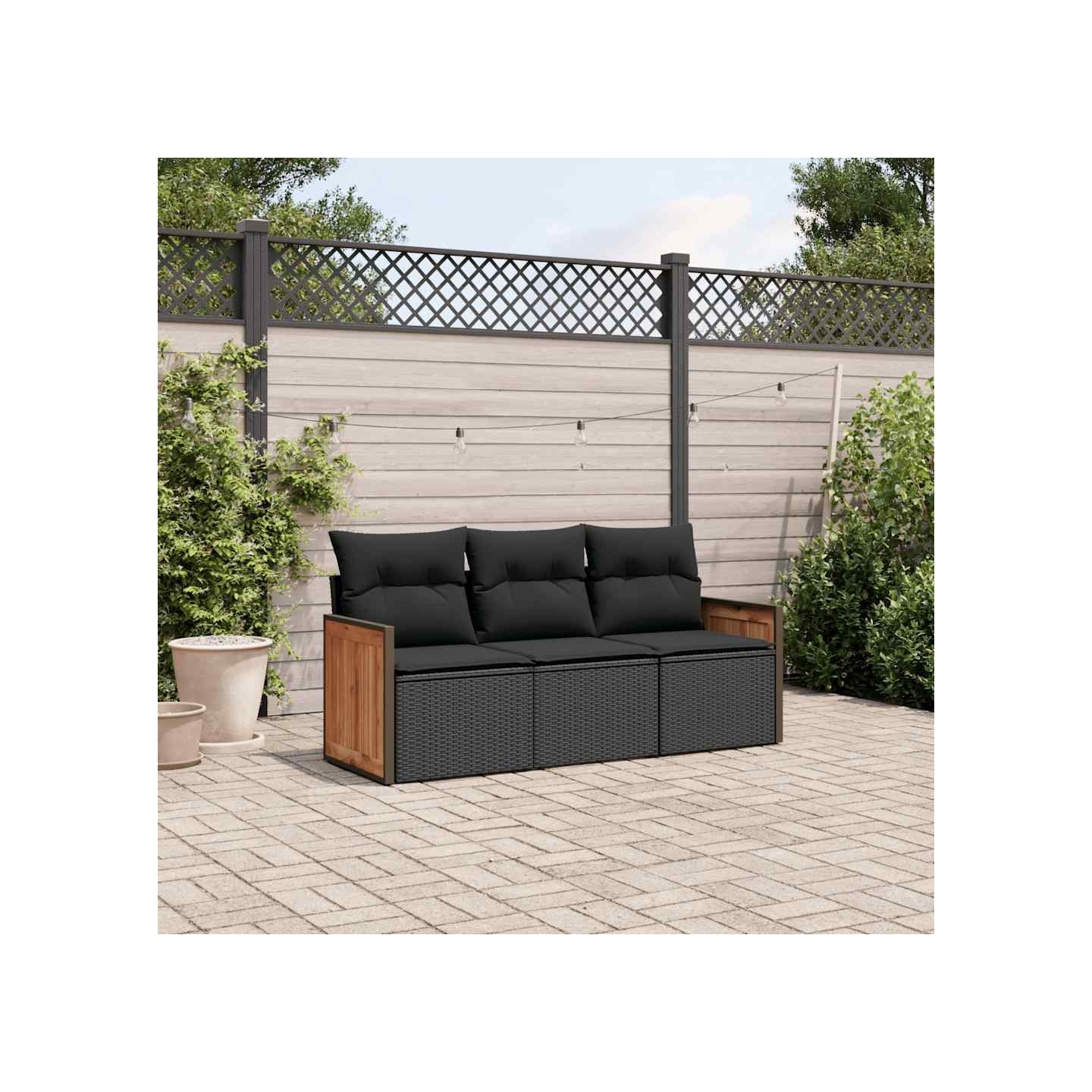 Salon de jardin 3 pcs avec coussins noir résine tressée