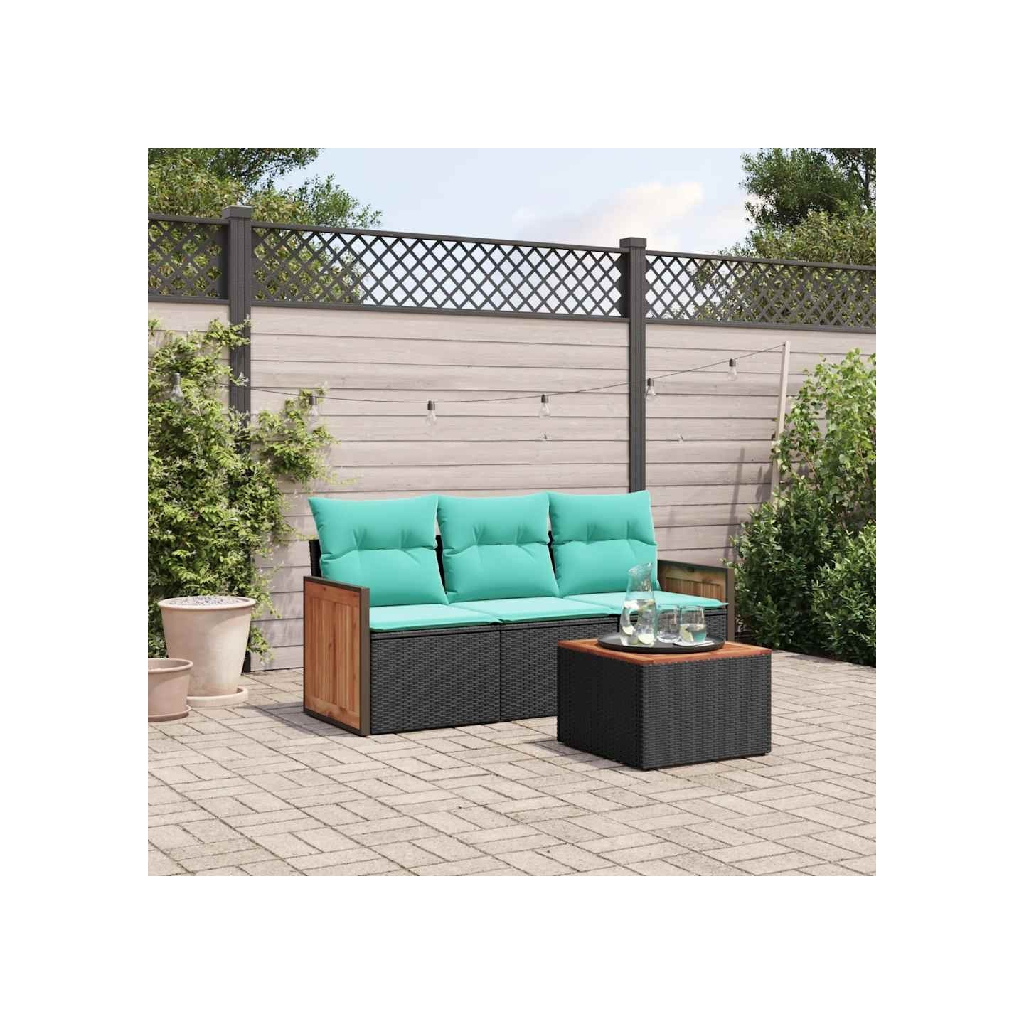 Ensemble de canapé de jardin 4 pcs avec coussins noir résine tressée