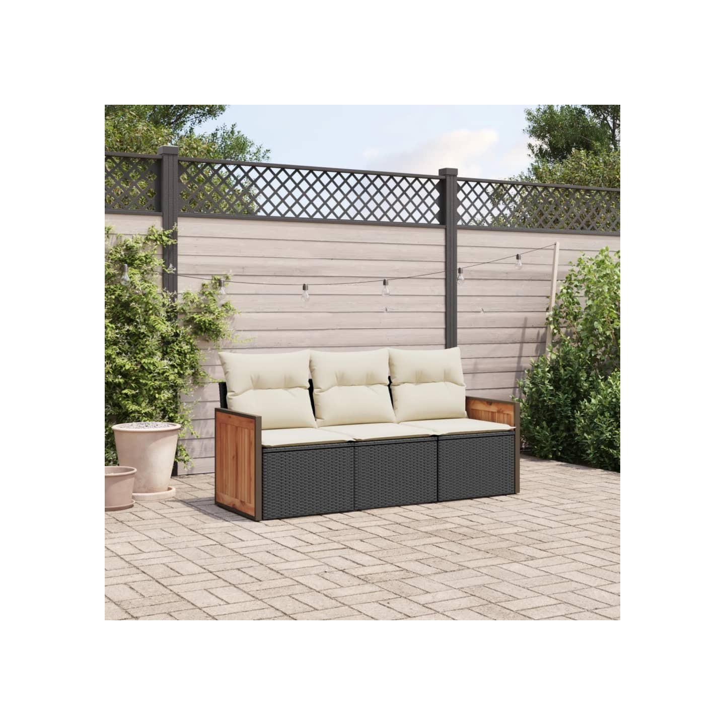 Salon de jardin 3 pcs avec coussins noir résine tressée