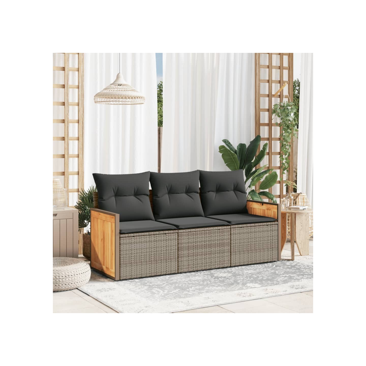Salon de jardin avec coussins 3 pcs gris résine tressée