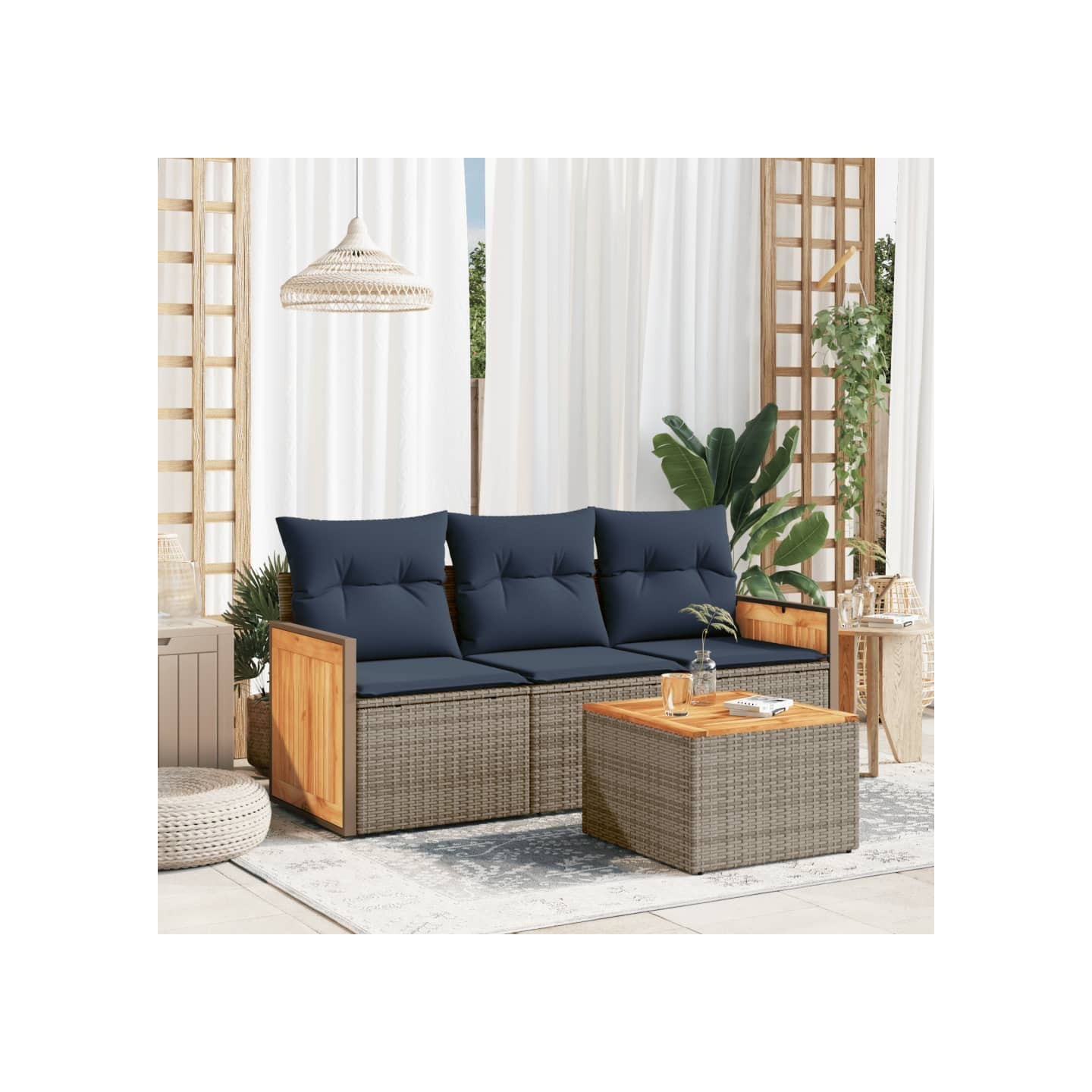 Ensemble de canapé de jardin 4 pcs avec coussins gris résine tressée