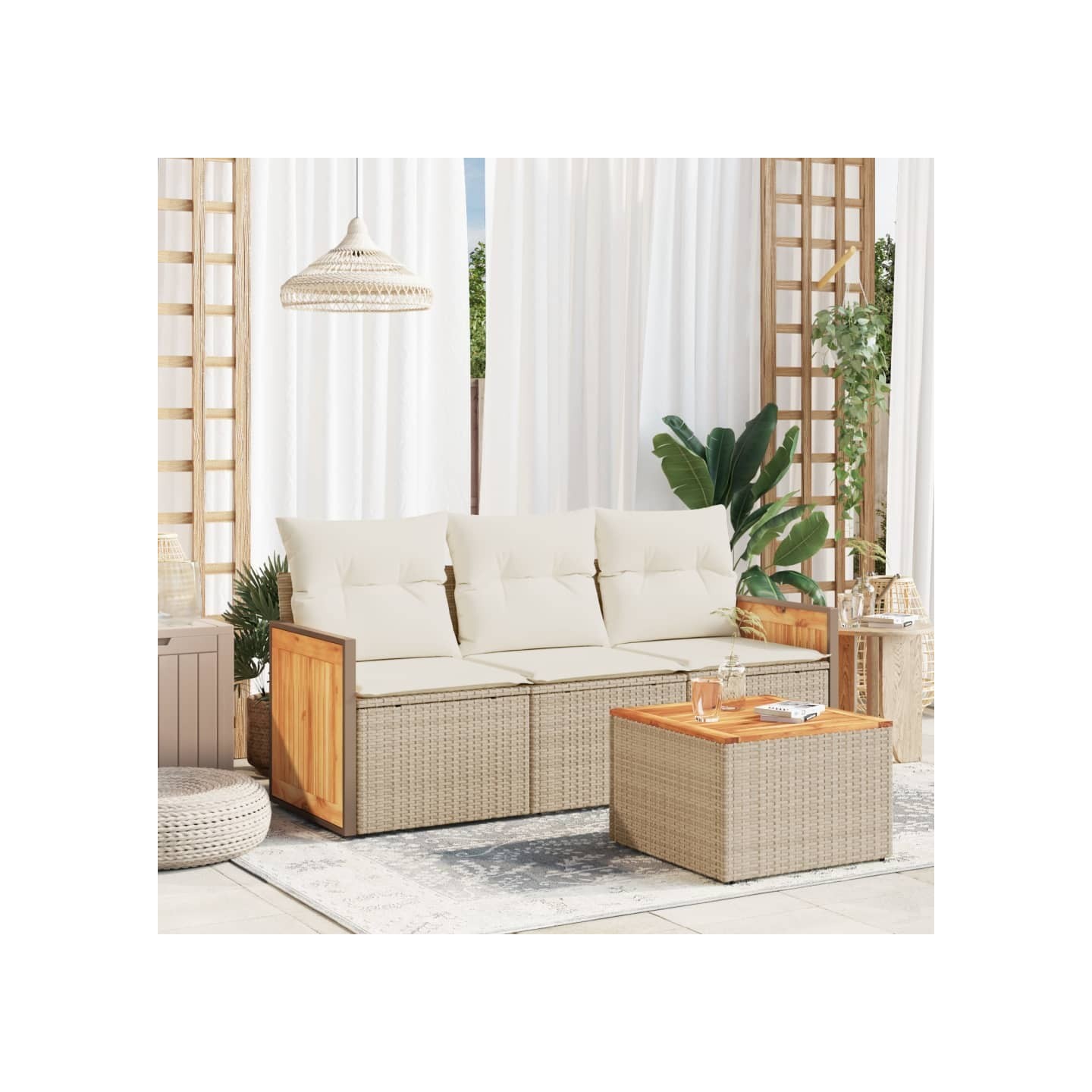 Salon de jardin avec coussins 4 pcs beige résine tressée