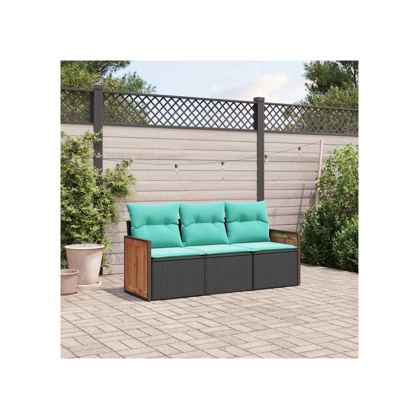 Salon de jardin 3 pcs avec coussins noir résine tressée