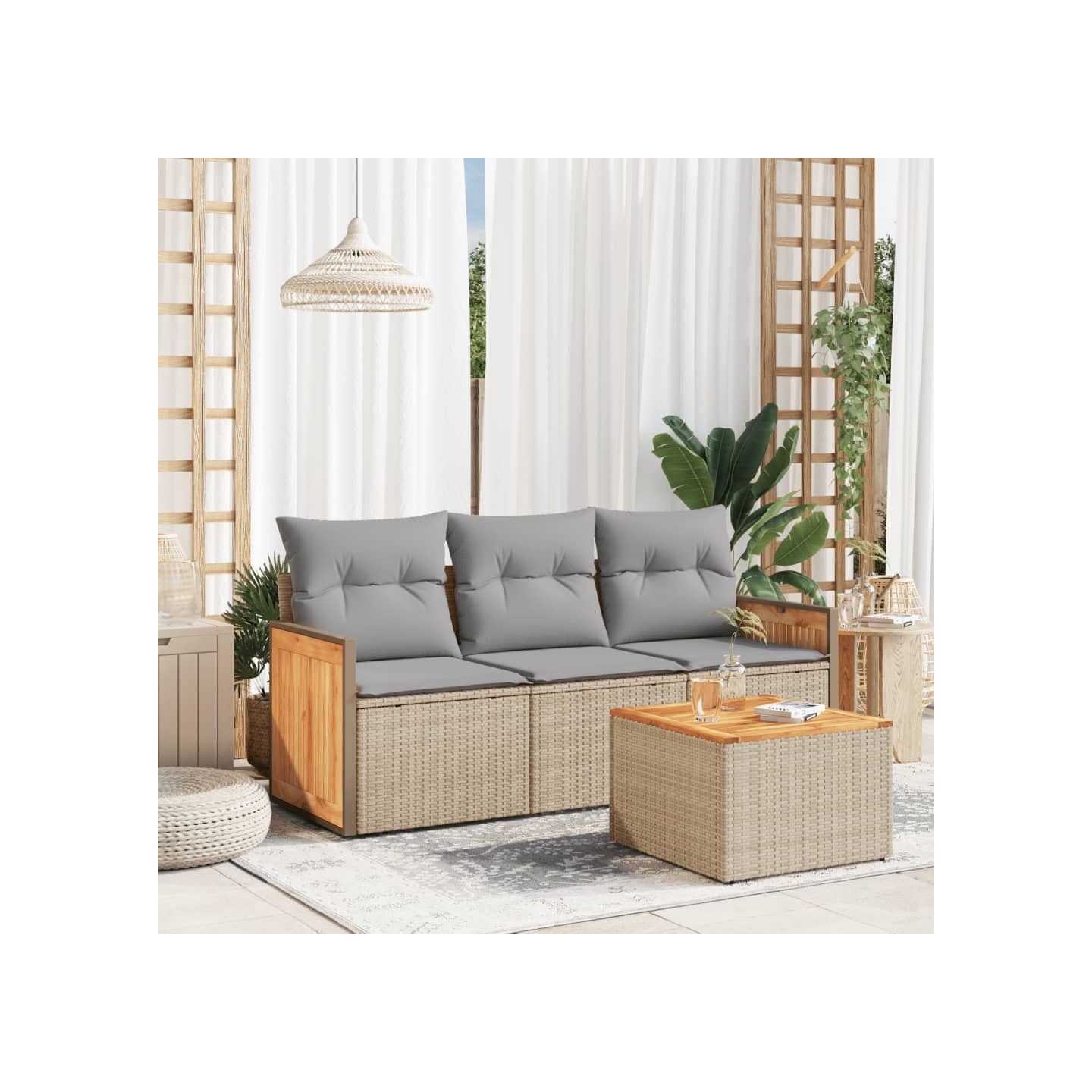 Salon de jardin avec coussins 4 pcs beige résine tressée