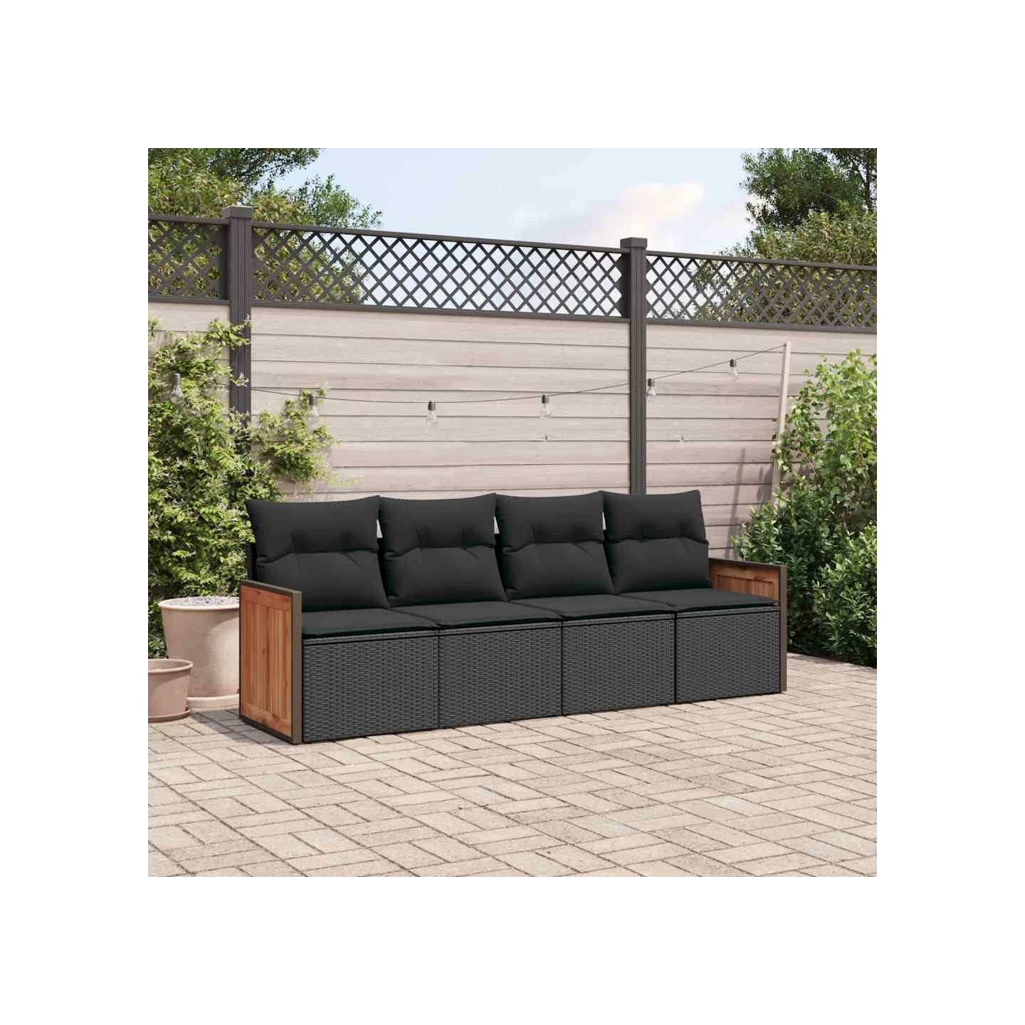 Salon de jardin 4 pcs avec coussins noir résine tressée
