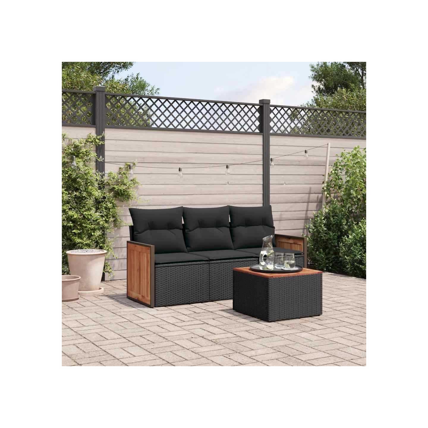 Salon de jardin 4 pcs avec coussins noir résine tressée