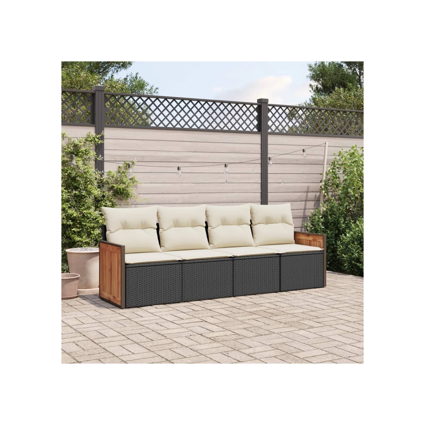 Salon de jardin 4 pcs avec coussins noir résine tressée