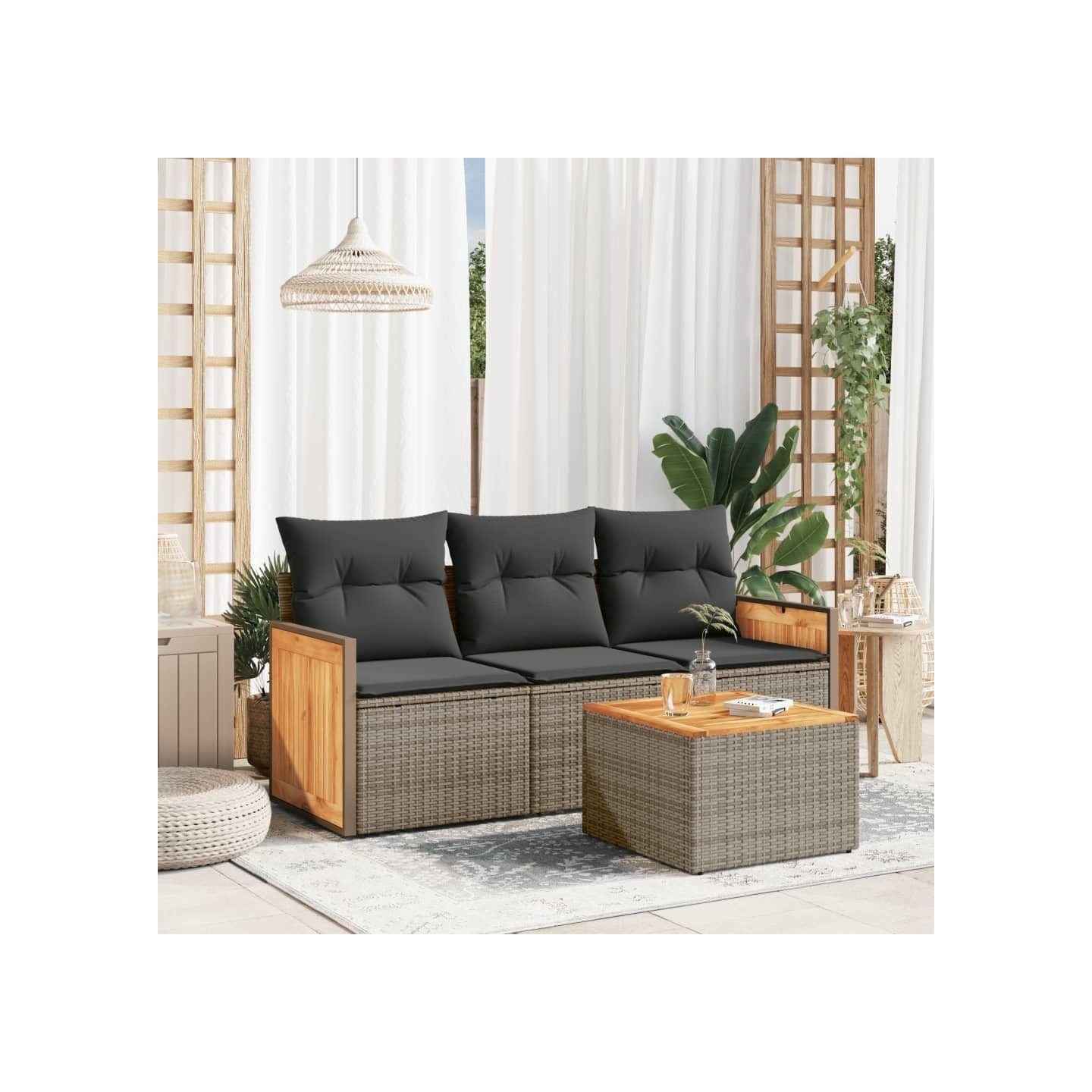 Salon de jardin 4 pcs avec coussins gris résine tressée