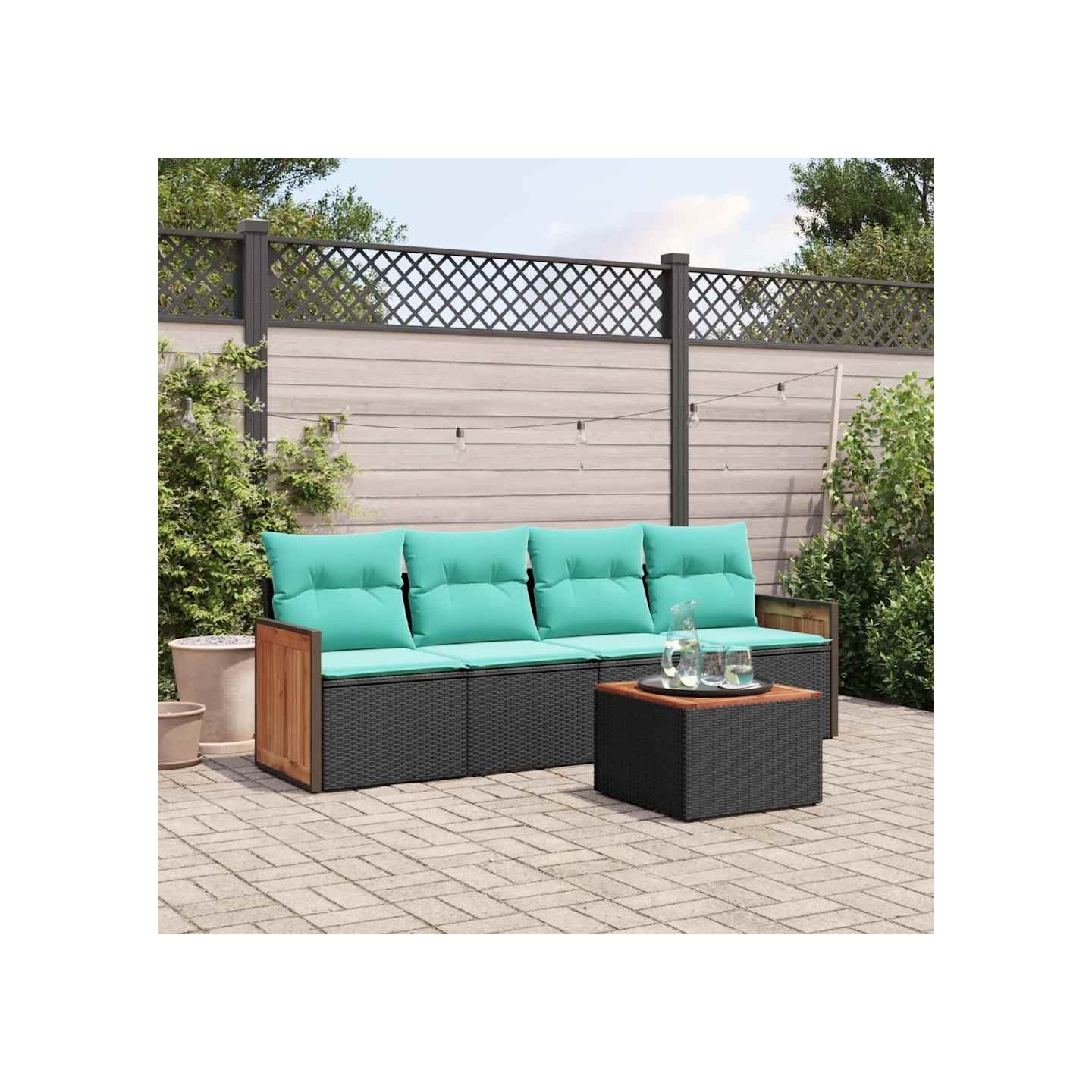 Ensemble de canapé de jardin 5 pcs avec coussins noir résine tressée