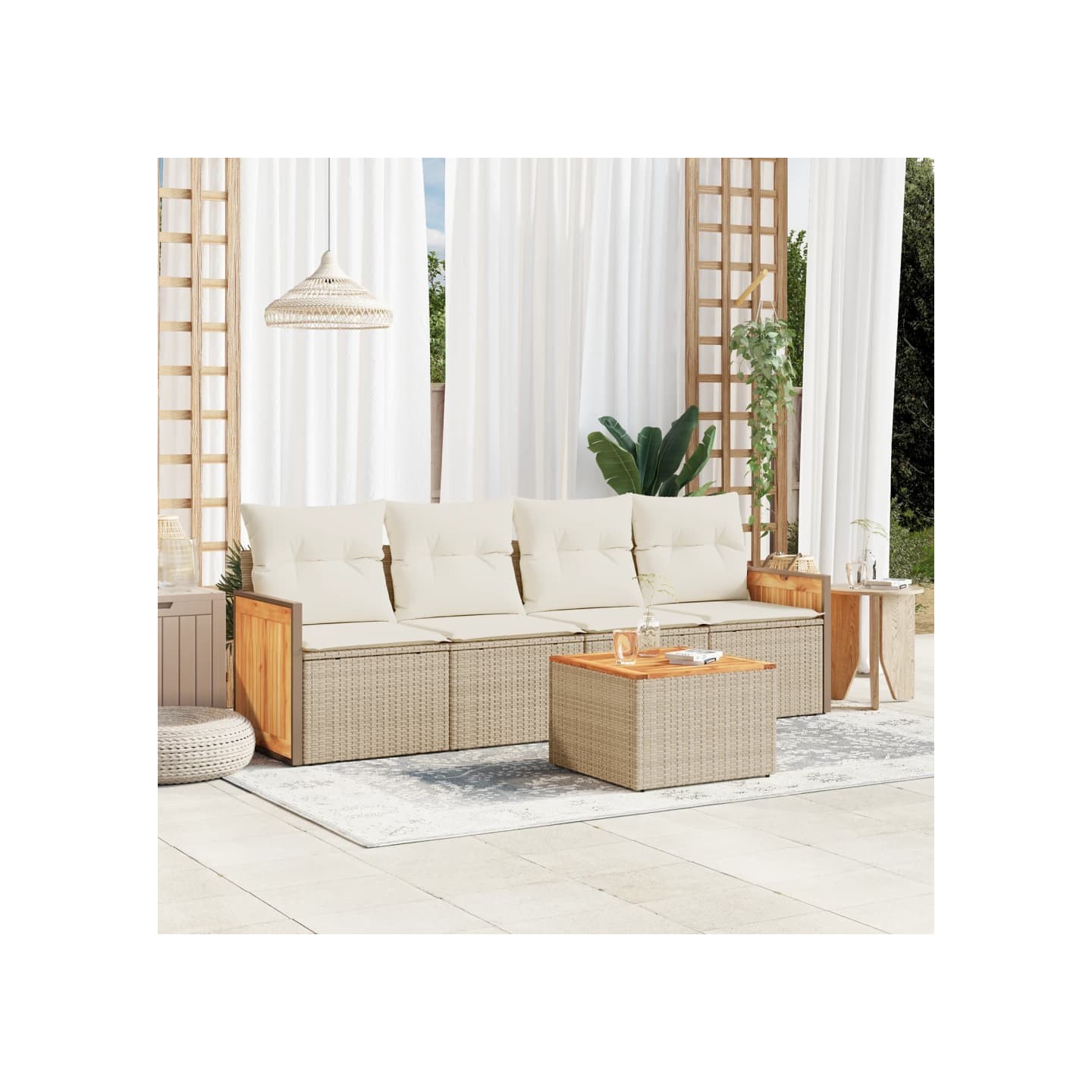 Salon de jardin avec coussins 5 pcs beige résine tressée
